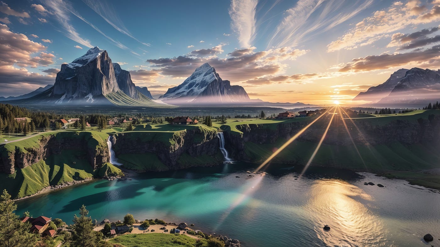 Berge, Bergsee, Sonnenstrahlen, Wasserfall, Klippen, Fantasy-Landschaft, HD, Windows-Hintergrundbild