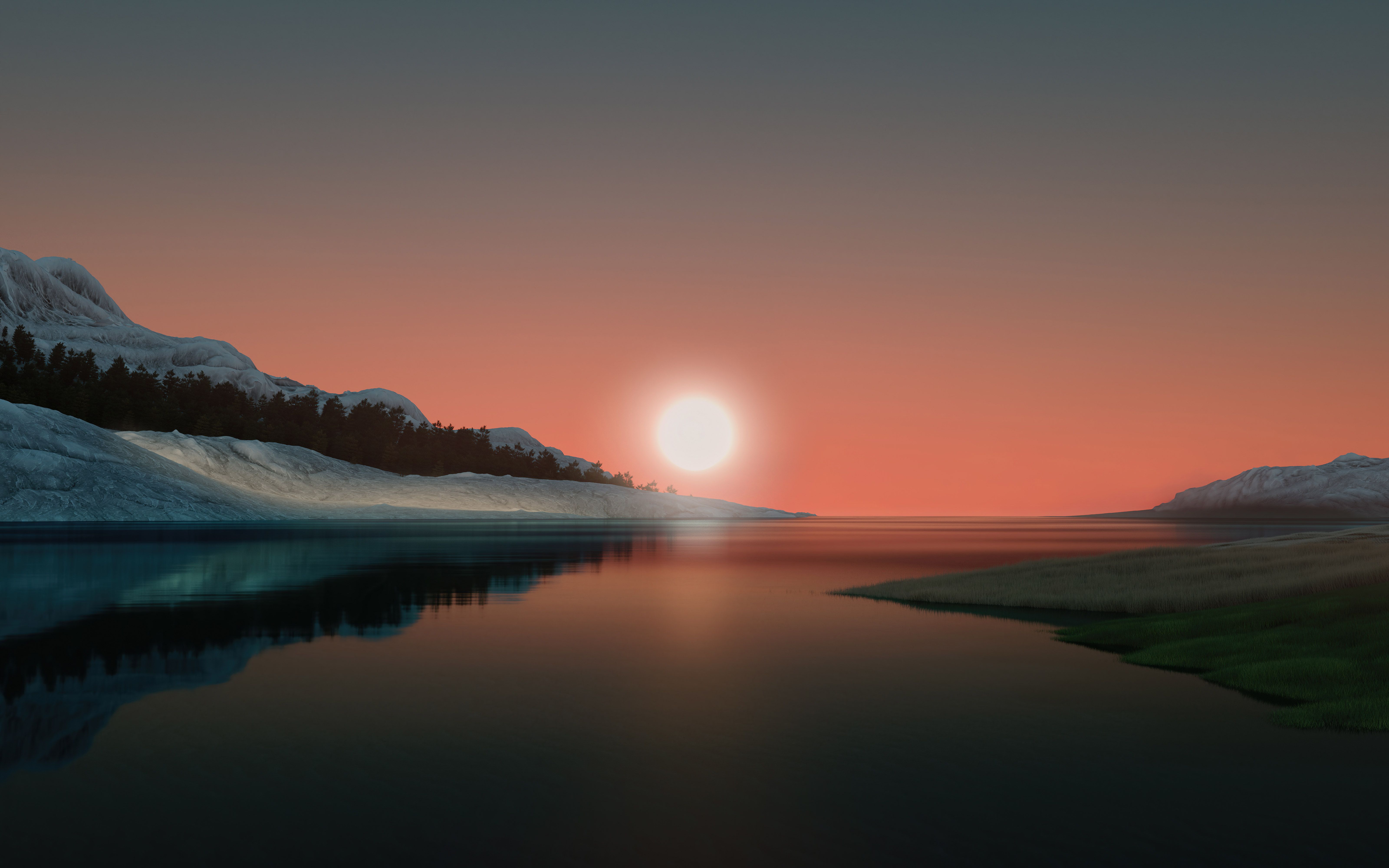 Windows 11, See, Sonnenuntergang, Hügel, Ruhe, 6K, Hintergrund für den Desktop