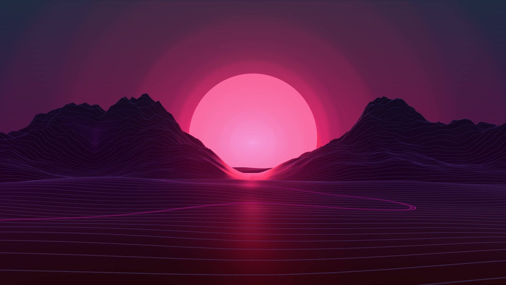 Synthwave, Sonne, Berge, Rosa, Retrowave, 16:9, Full-HD-Hintergrundbild für den Desktop