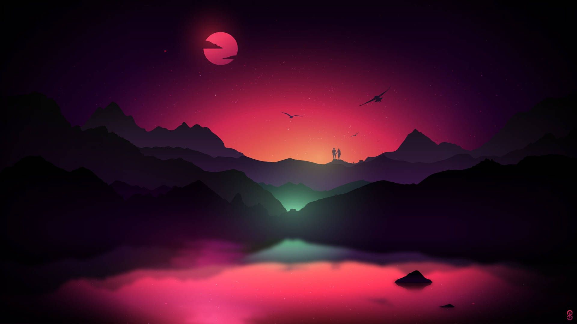 Berge, See, Roter Mond, Nacht, Illustration, Rot, 1920x1080, Full-HD-Hintergrundbild für PC