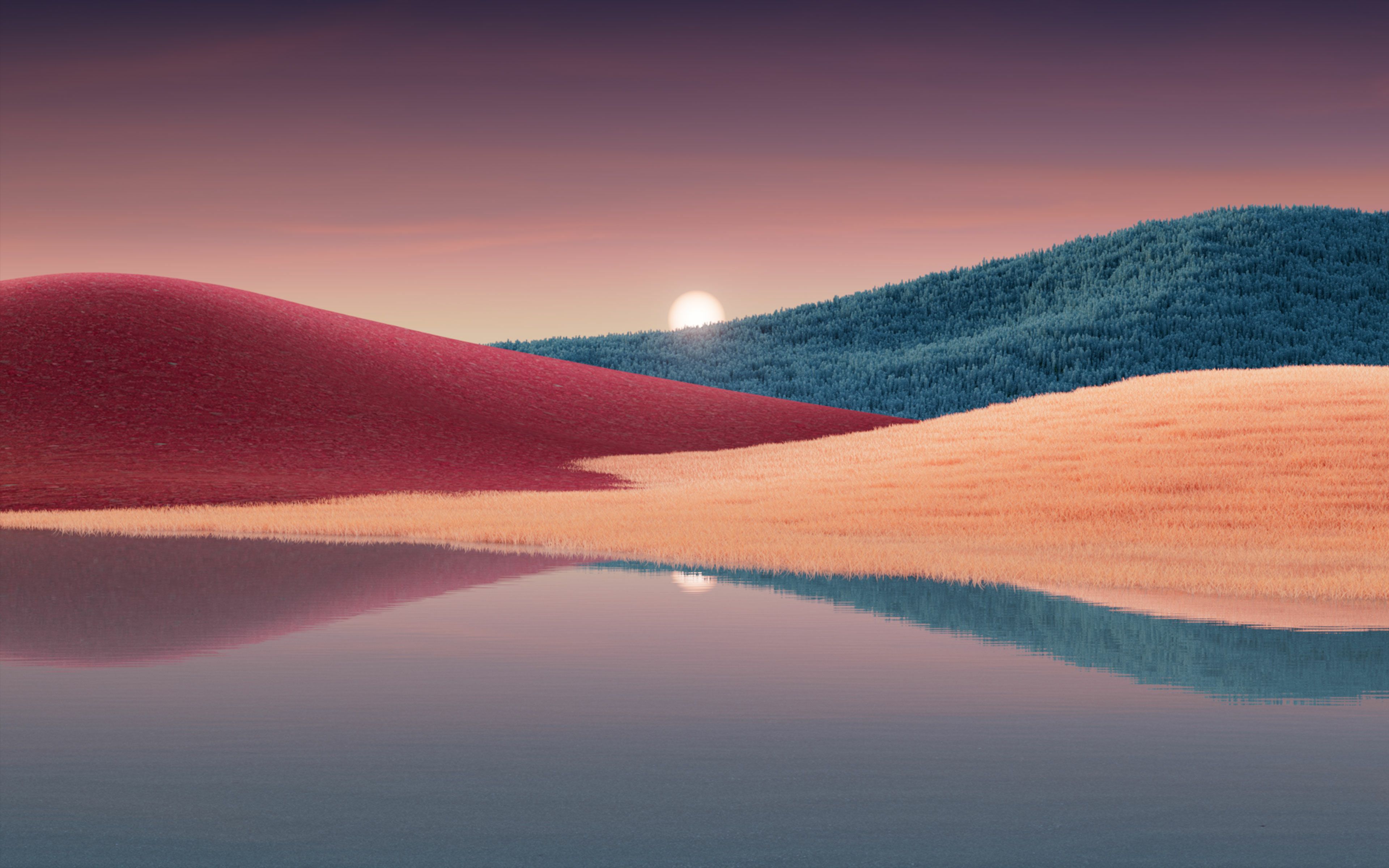 Hügel, See, Sonnenuntergang, Spiegelung, Rote Wiese, Surreal, 4K, Windows-Hintergrundbild