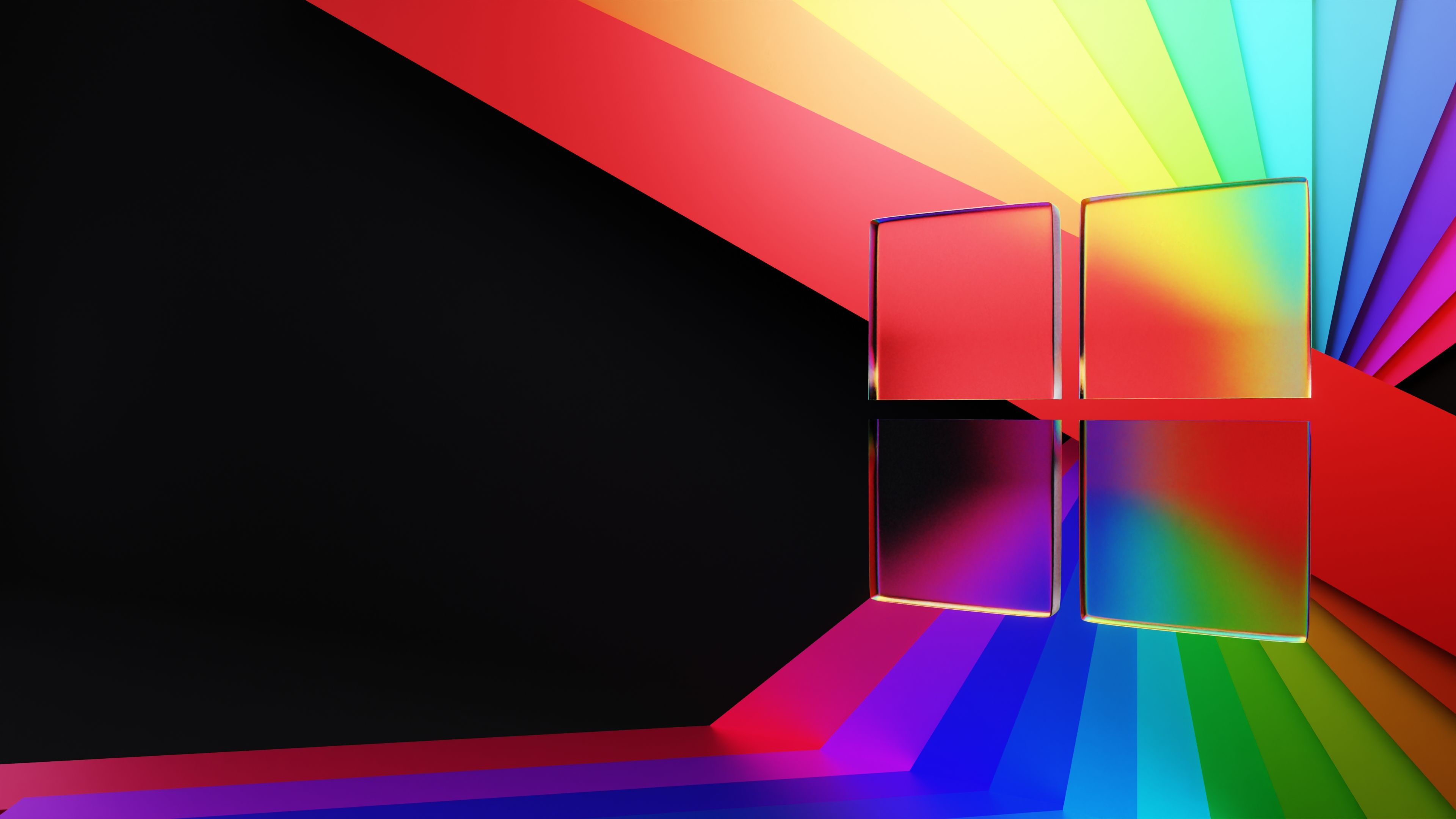 Windows-Logo, Regenbogen, Lichtstrahlen, Schwarzer Hintergrund, Glas, 4K Wallpaper