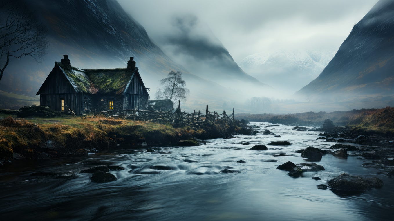 Steinhaus, Fluss, Nebel, Berge, Tal, Düster, 16:9, HD-Hintergrundbild für den Desktop