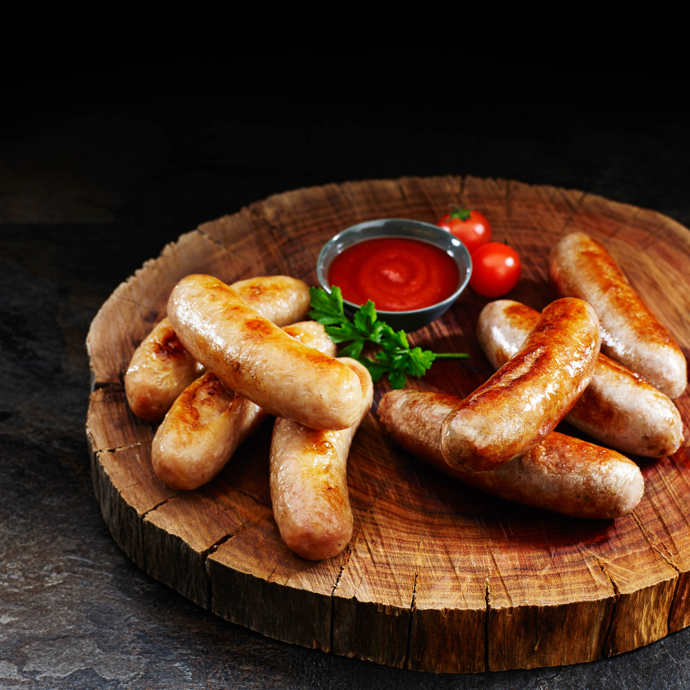 Gegrillte Würstchen, Holzbrett, Ketchup, Dunkler Hintergrund, Wallpaper