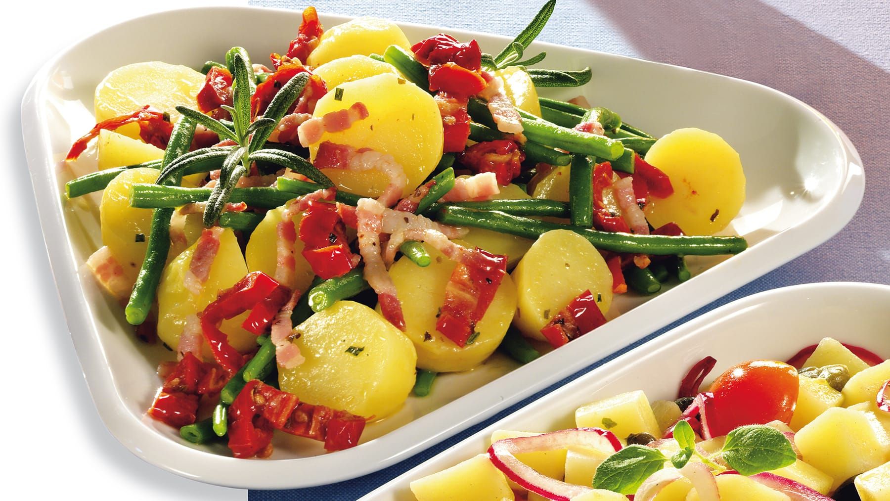 Bohnensalat, Rote Paprika, Speck, Kartoffeln, Servierschale, HD, Windows-Hintergrundbild