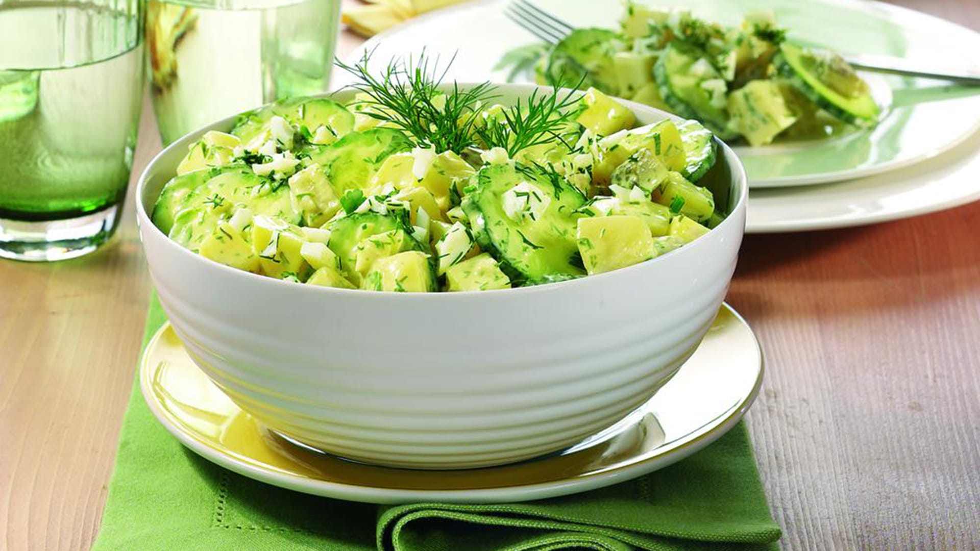 Gurkensalat, Dill, Weiße Schüssel, Grün, Frisch, Full HD 1080p, Desktop-Hintergrundbild