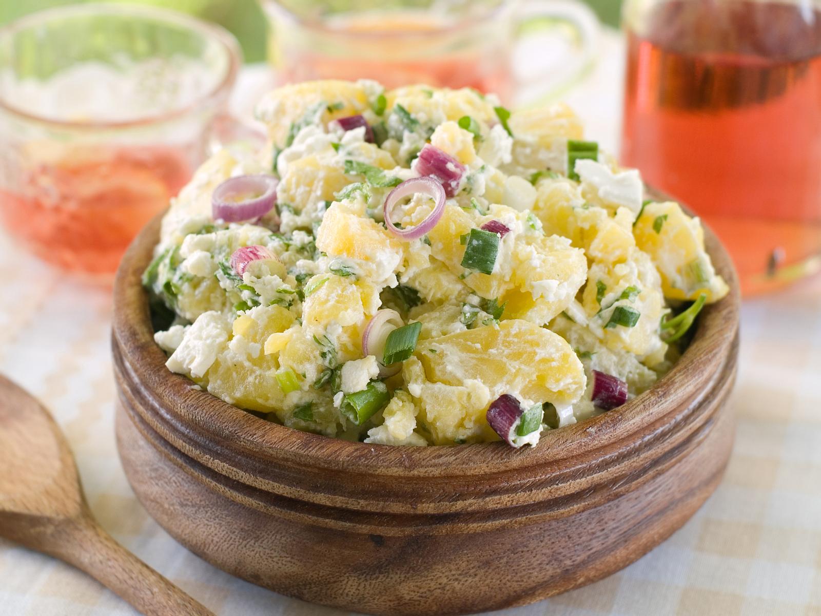 Kartoffelsalat, Holzschale, Mayonnaise, Rote Zwiebeln, Picknick, HD, iPad-Hintergrundbild