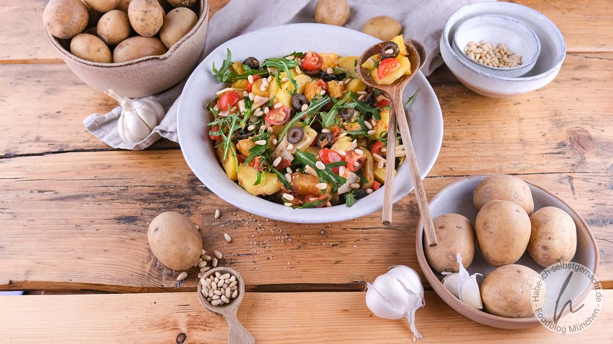 Rucola, Kartoffeln, Holztisch, Draufsicht, Rustikal, Hintergrundbild