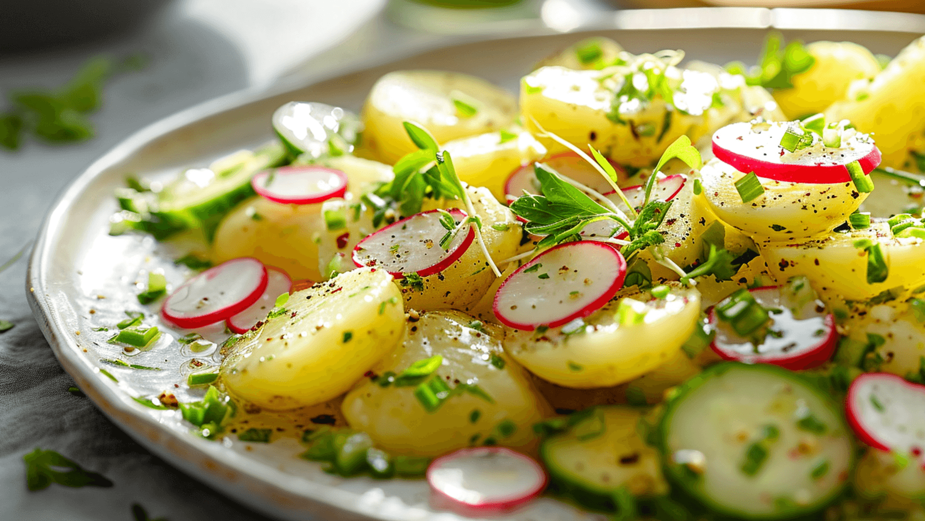Radieschen, Gurkenscheiben, Kartoffelsalat, Kresse, Nahaufnahme, HD-Hintergrundbild für PC