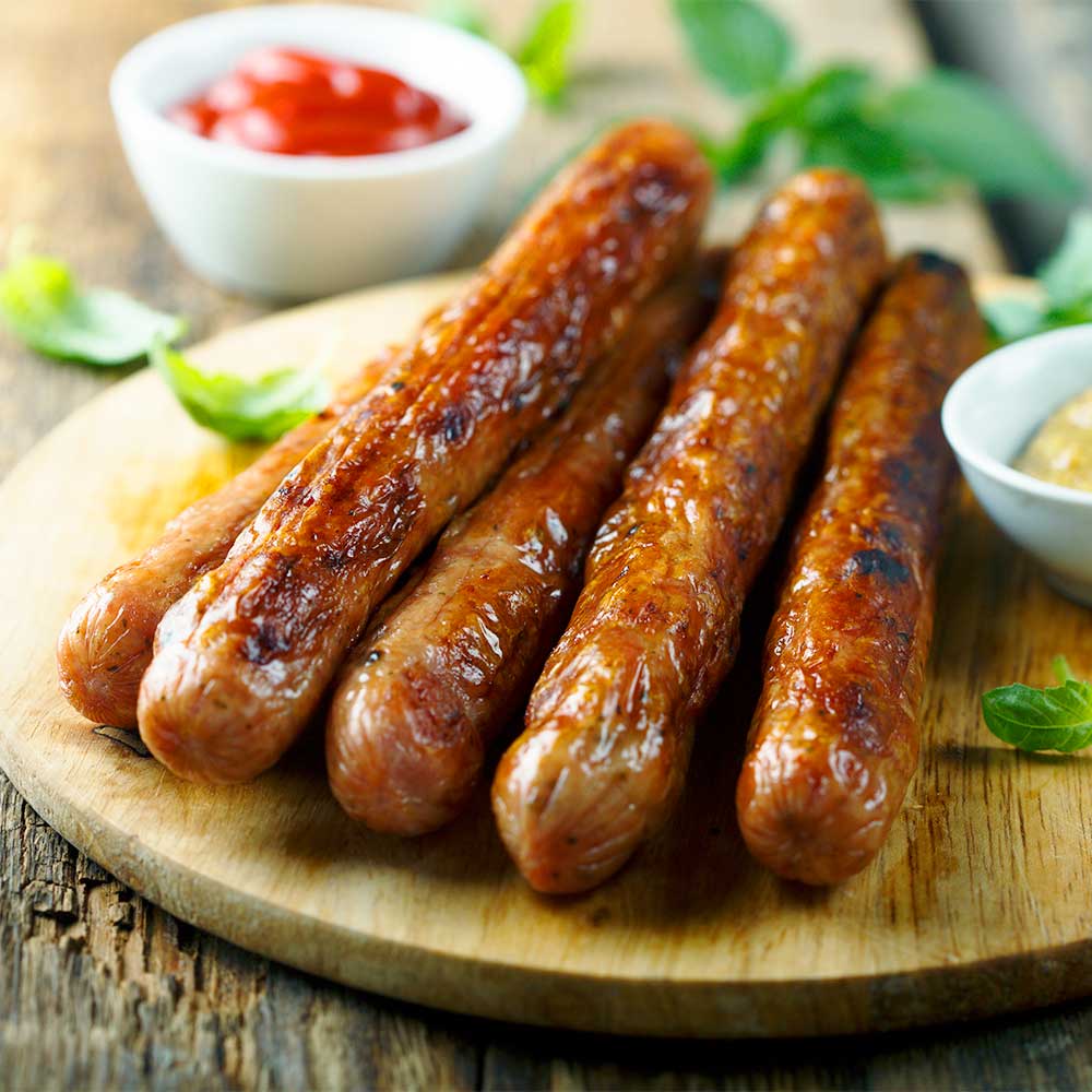 Bratwurst, Holzbrett, Senf, Ketchup, Hintergrundbild für iPad und Tablet