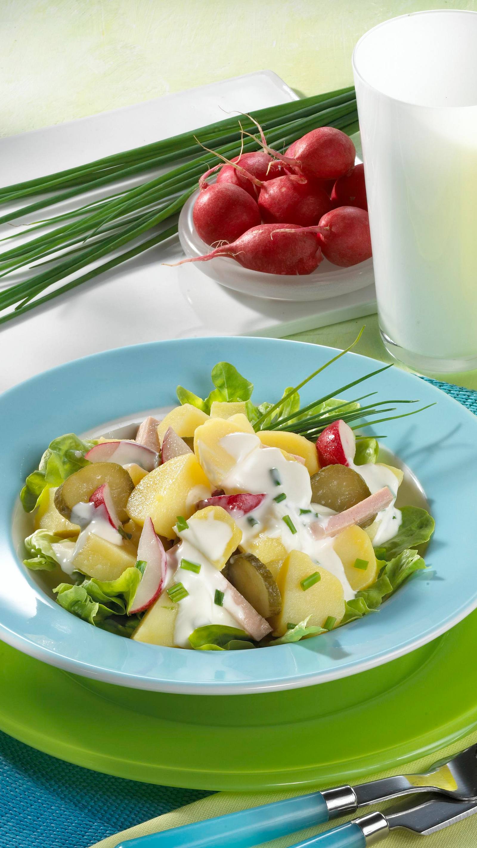 Kartoffelsalat, Bunte Teller, Schnittlauch, Sommer, Draufsicht, QHD+, iPhone-Hintergrundbild