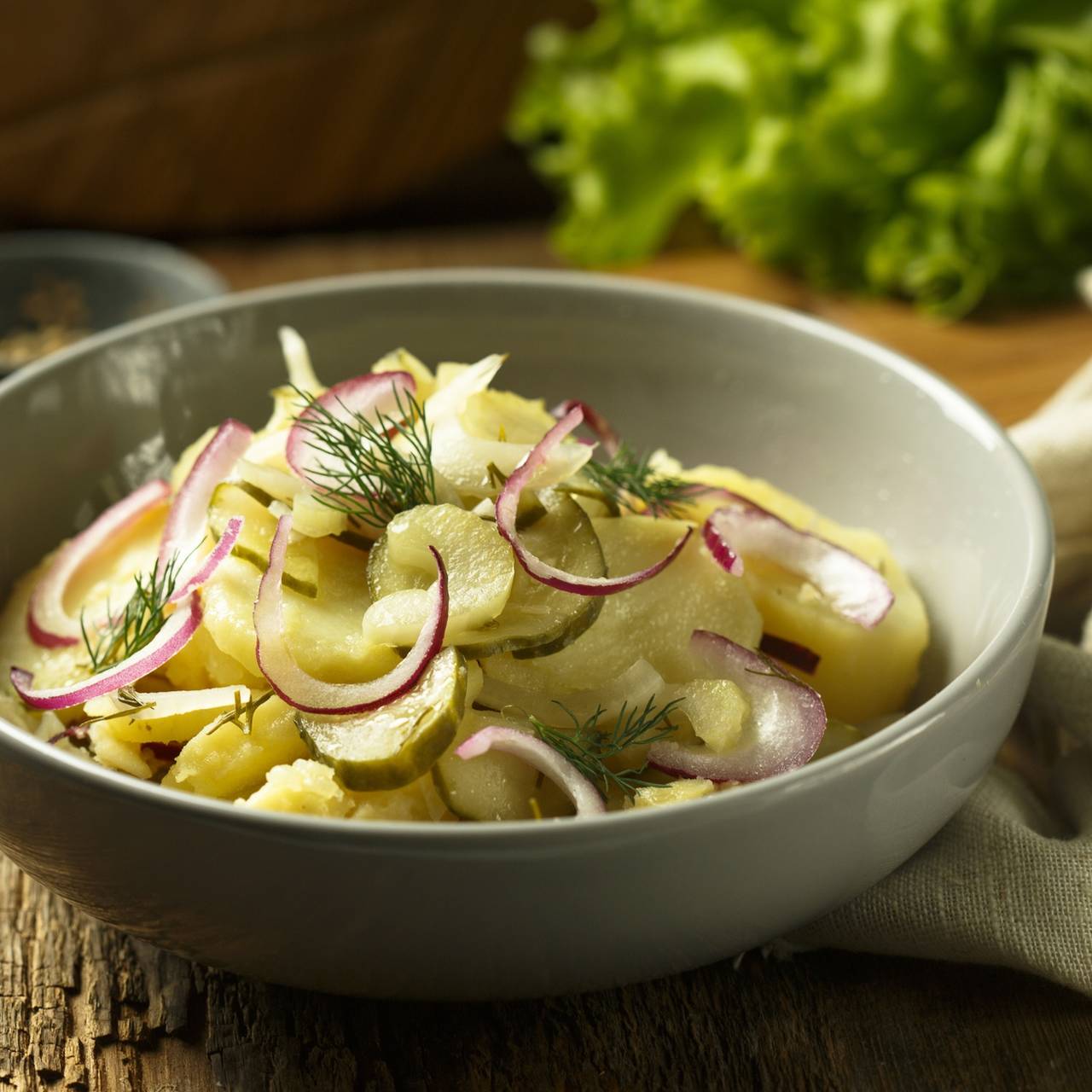 Kartoffelsalat, Rote Zwiebeln, Dill, Graue Schüssel, Salat, HD, iPad-Hintergrundbild