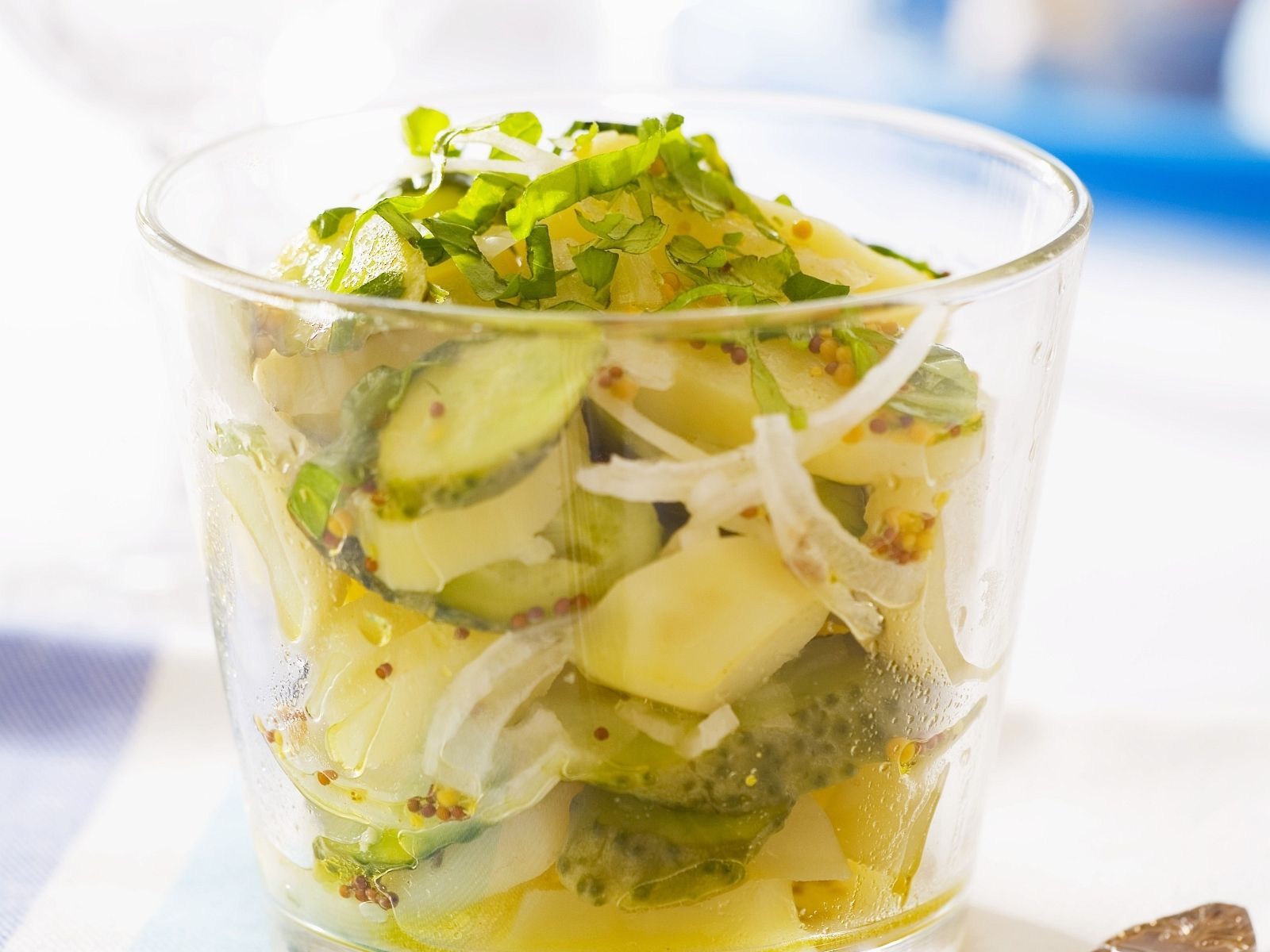 Gurkensalat, Glas, Senfkörner, Kartoffeln, Frisch, HD, Hintergrundbild fürs Tablet
