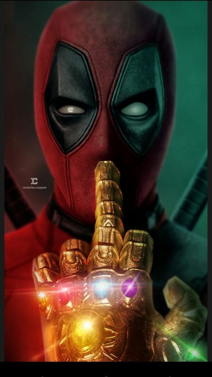 Deadpool, Infinity-Handschuh, Infinity-Steine, Grüner Hintergrund, Pssst-Geste, Sperrbildschirm