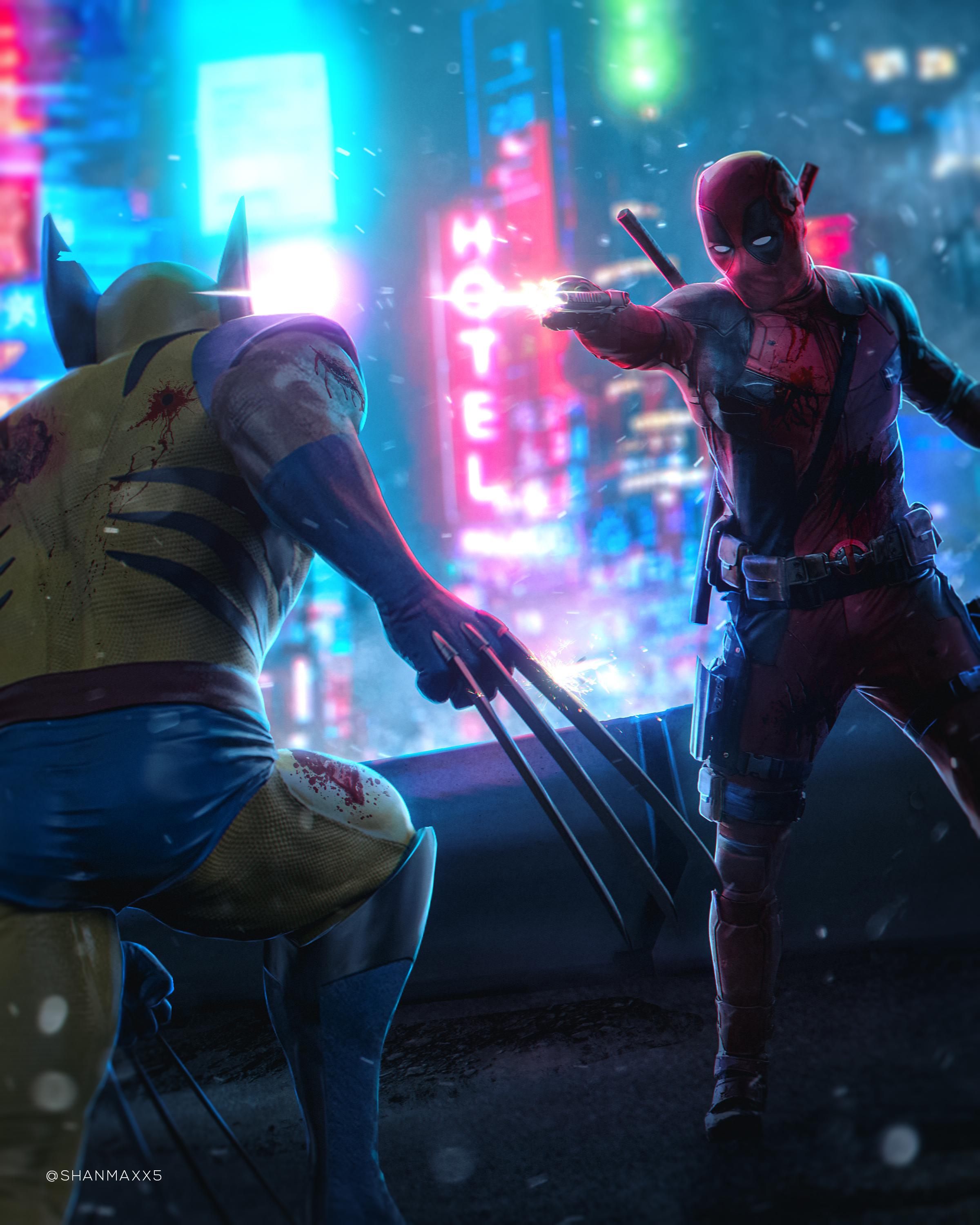Wolverine, Deadpool, Neonstadt, Krallen, Cyberpunk, Fan-Art, QHD+, Tablet-Hintergrund