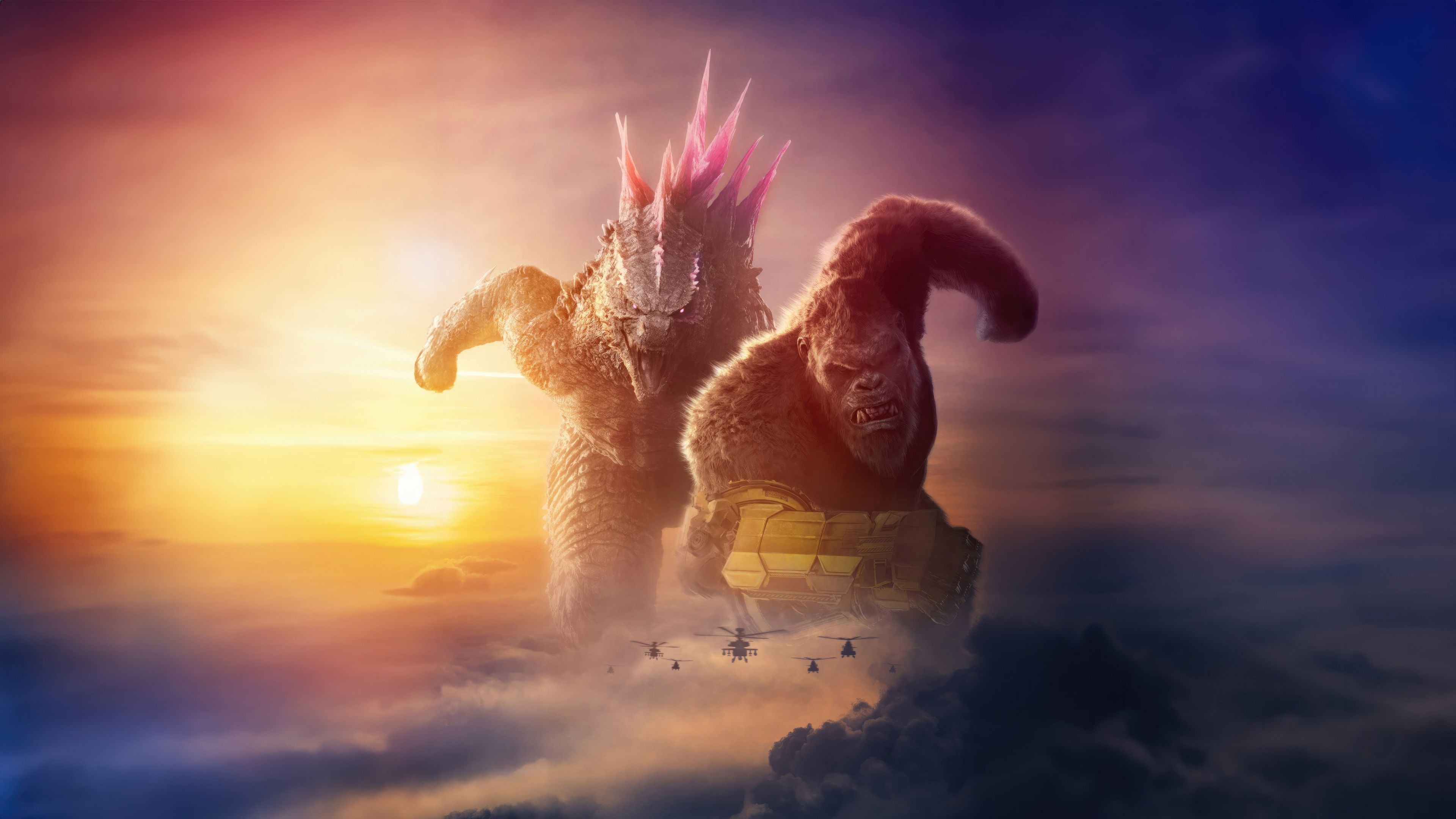 Godzilla, Kong, Godzilla x Kong: The New Empire, Sonnenuntergang, Monster, Wolken, 4K-PC-Hintergrundbild