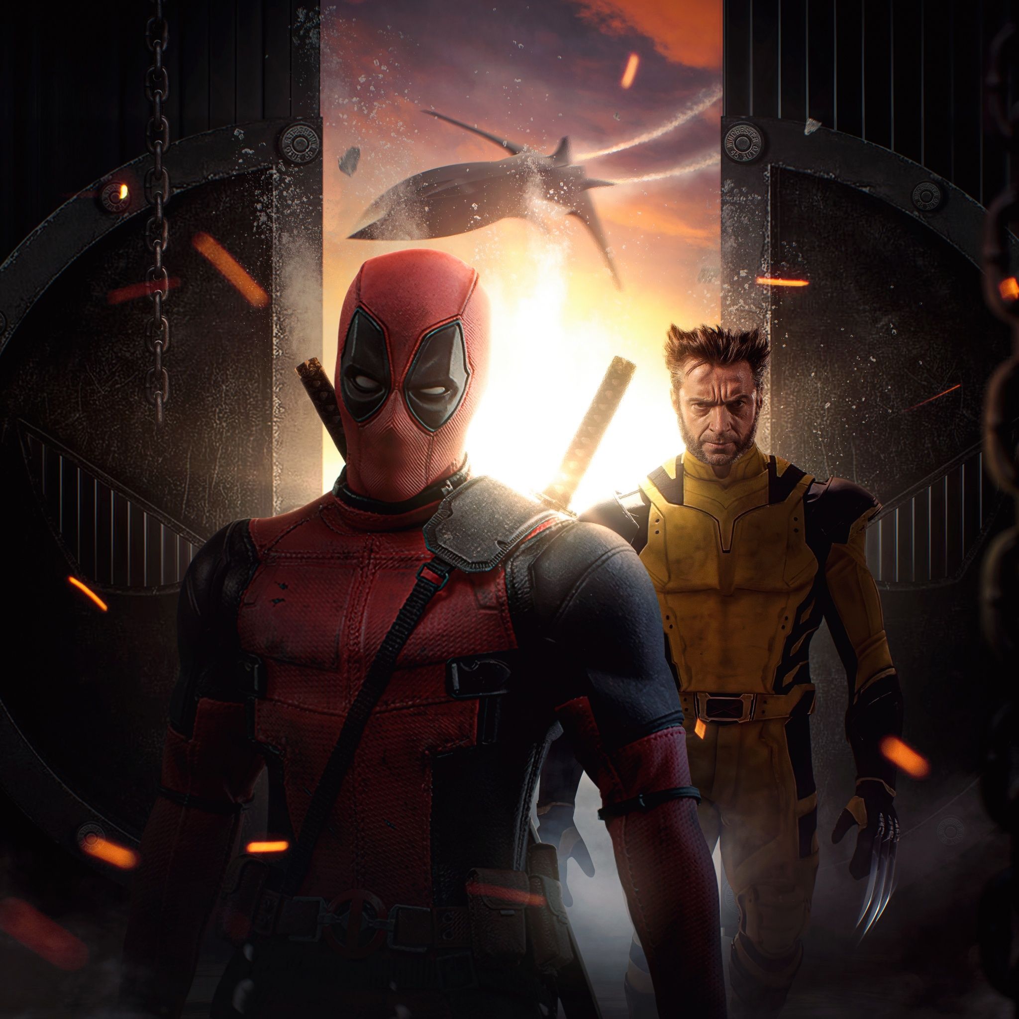 Deadpool & Wolverine, Deadpool, Wolverine, Filmplakat, Funken, Full HD, iPad-Hintergrundbild