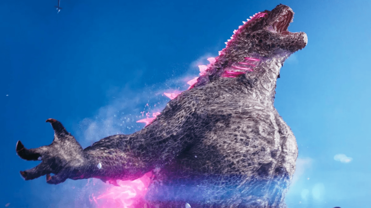 Godzilla, Evolved Godzilla, Pinke Rückenplatten, Blauer Himmel, Brüllen, Hintergrund