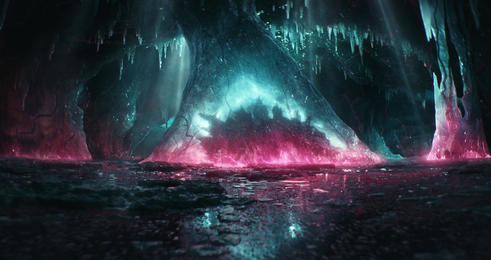 Hohlerde, Kristallhöhle, Pinkes Leuchten, Türkis, Wasser, Full HD, Desktop-Hintergrund