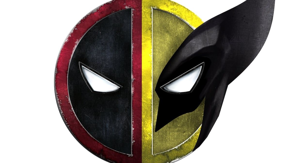 Deadpool & Wolverine, Logo, Masken, Rot-gelb, Weißer Hintergrund, Wallpaper
