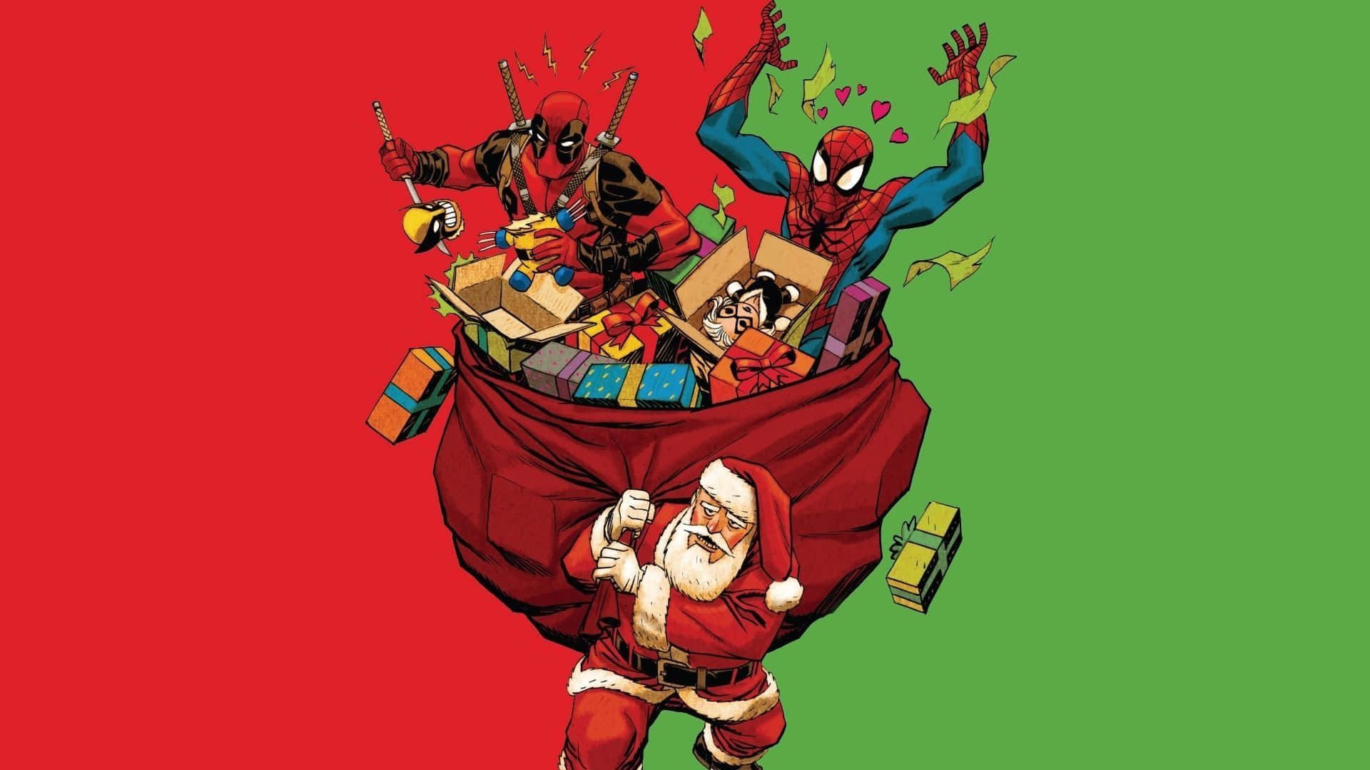 Deadpool, Weihnachtsmann, Spider-Man, Geschenksack, Weihnachten, Comic-Stil, 1080p-Hintergrundbild