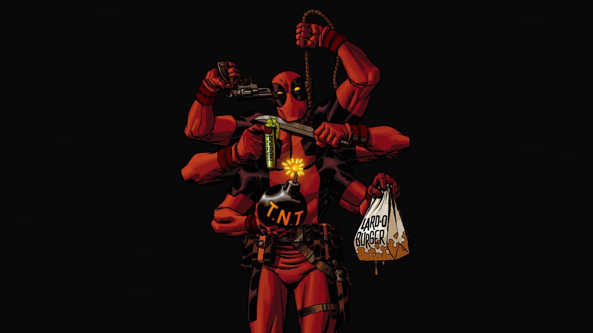 Deadpool, TNT, Schwarzer Hintergrund, Comic-Stil, Humor, Full HD Wallpaper
