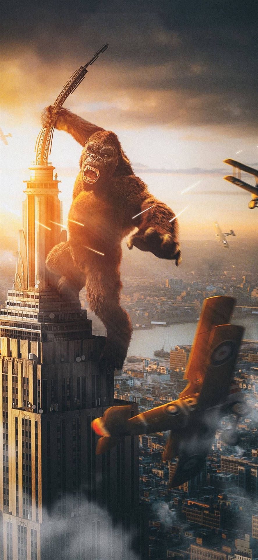 Kong, Godzilla, Wolkenkratzer, Stadt, Kampf, Hochformat, Hintergrundbild fürs Smartphone