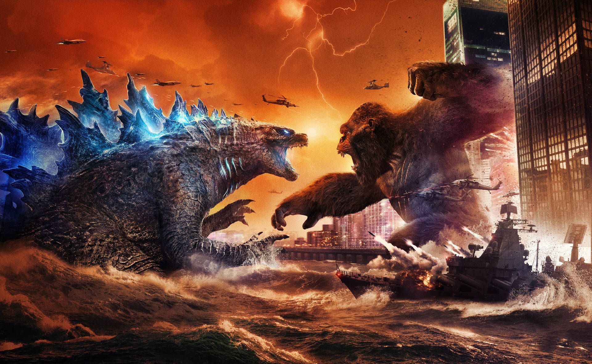 Godzilla, Kong, Kampf, Kriegsschiffe, Stadt, Feuer, Full HD, Desktop-Hintergrund für Windows