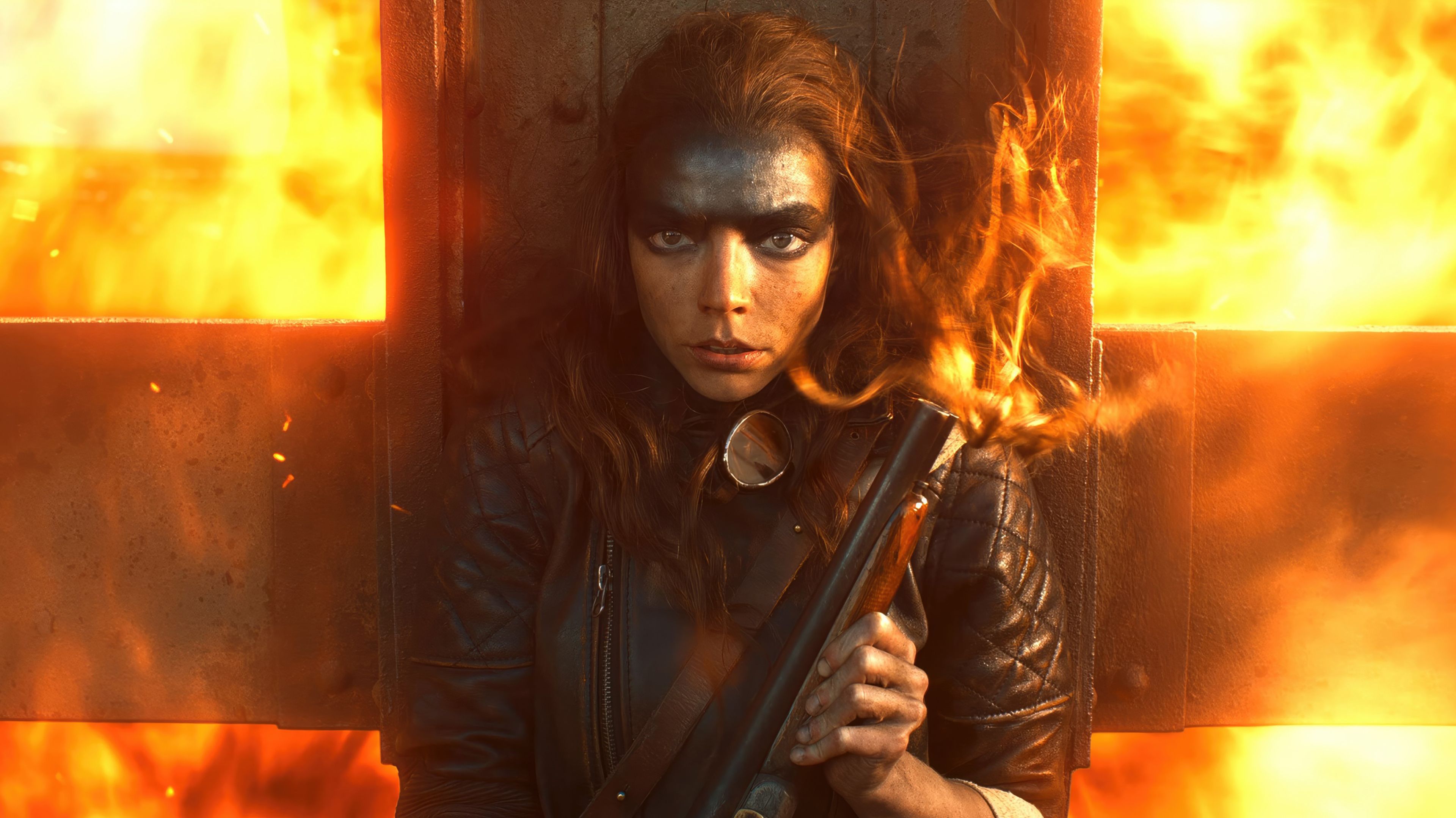 Furiosa, Anya Taylor-Joy, Feuer, Nahaufnahme, Kriegsbemalung, 4K-Hintergrundbild für PC