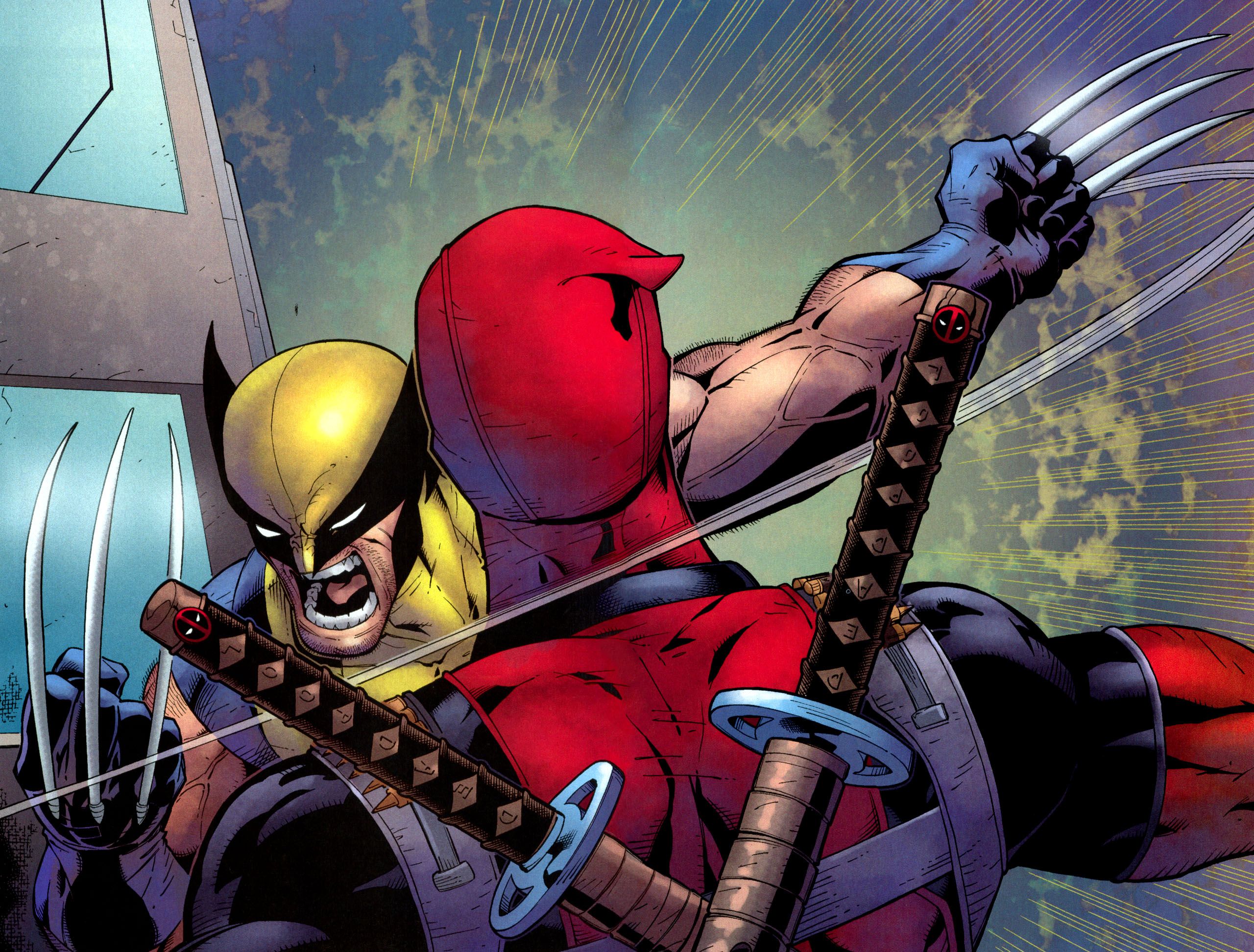 Wolverine, Deadpool, Comic-Stil, Katanas, Krallen, Marvel Comics, 2K, iPad-Hintergrundbild