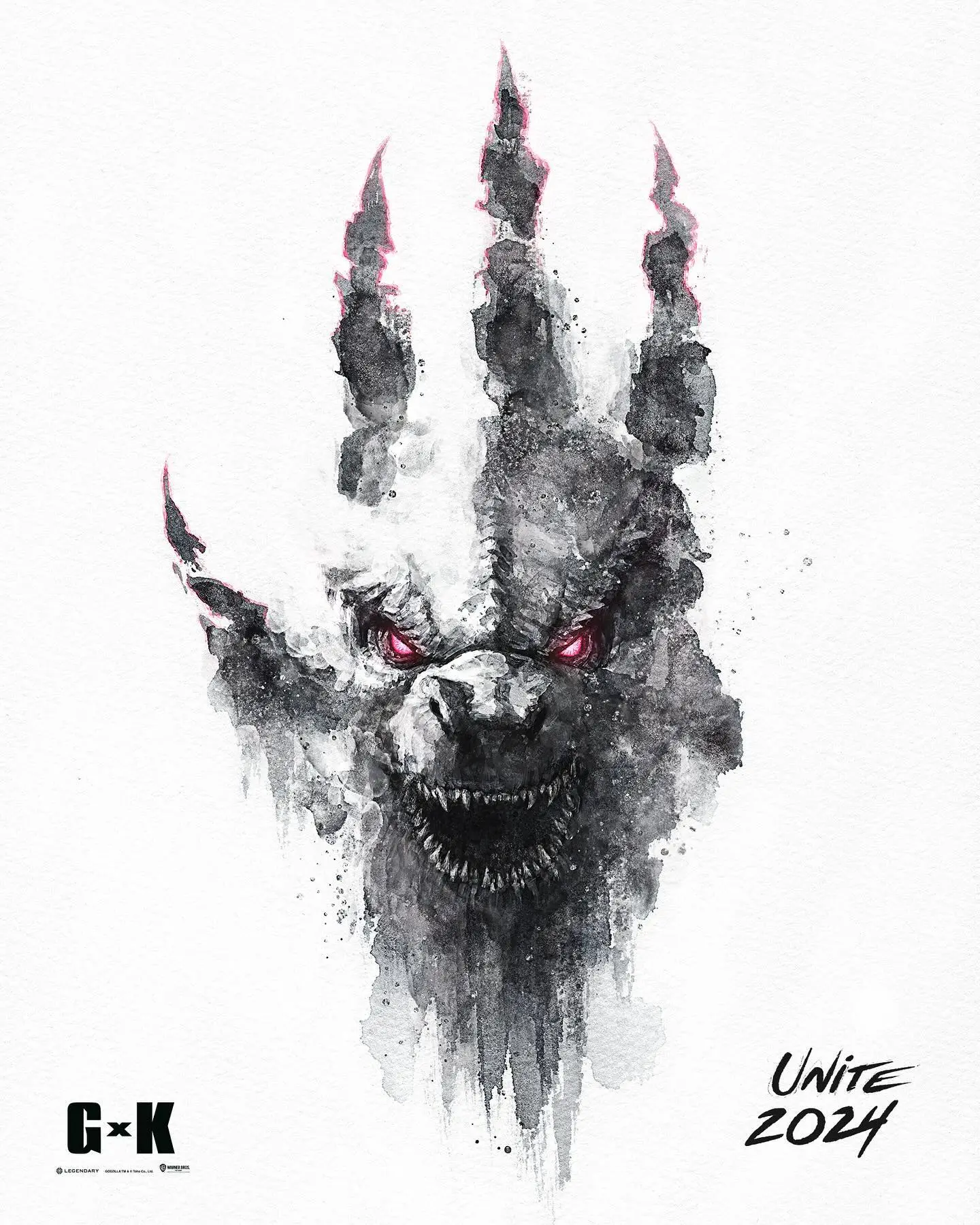 Godzilla, Handabdruck, Godzilla x Kong: The New Empire, Unite 2024, Schwarz-Weiß, Tablet-Hintergrundbild