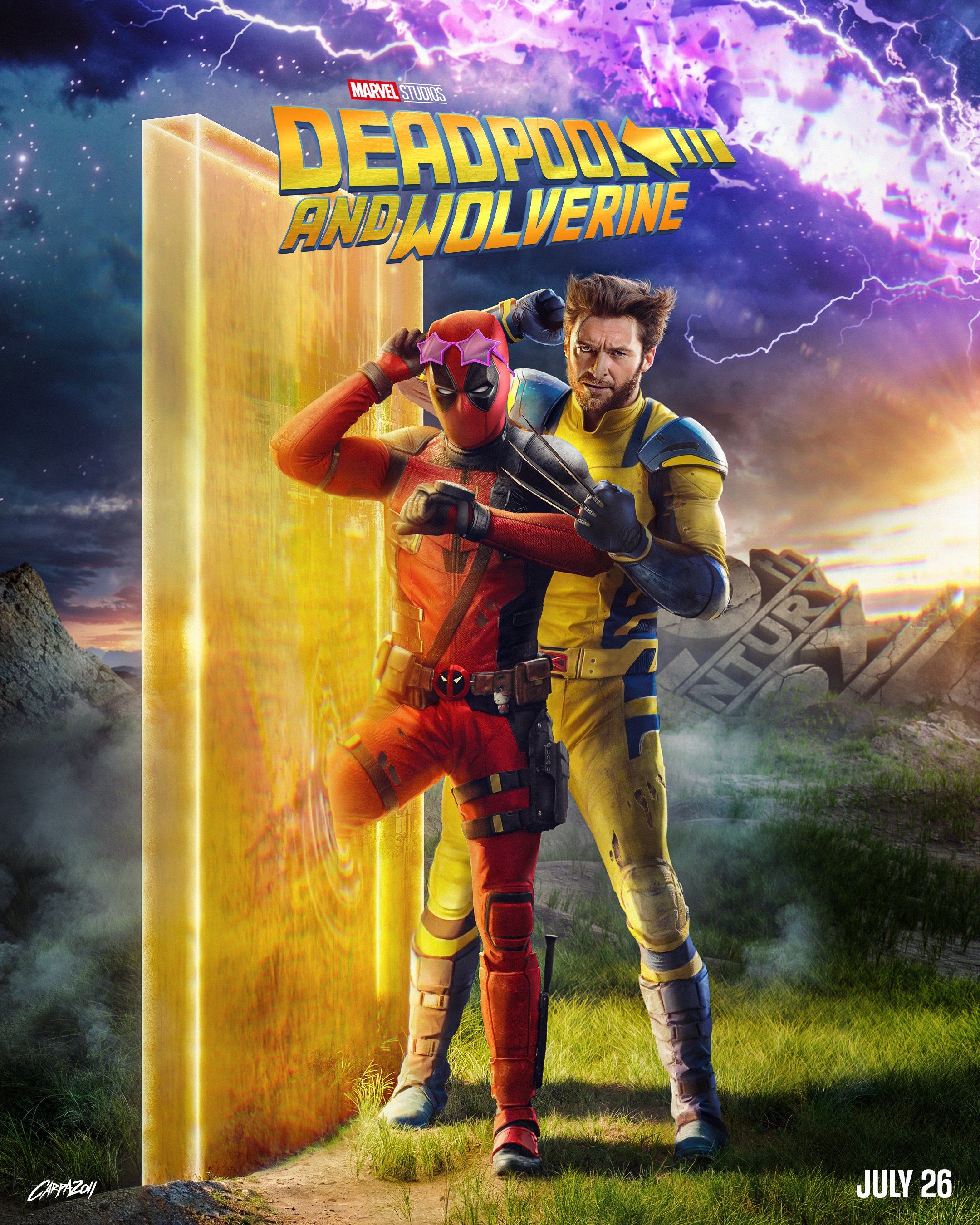 Deadpool & Wolverine, Deadpool, Wolverine, Zurück in die Zukunft, Parodie, Filmplakat, Blitze, iPad-Hintergrundbild
