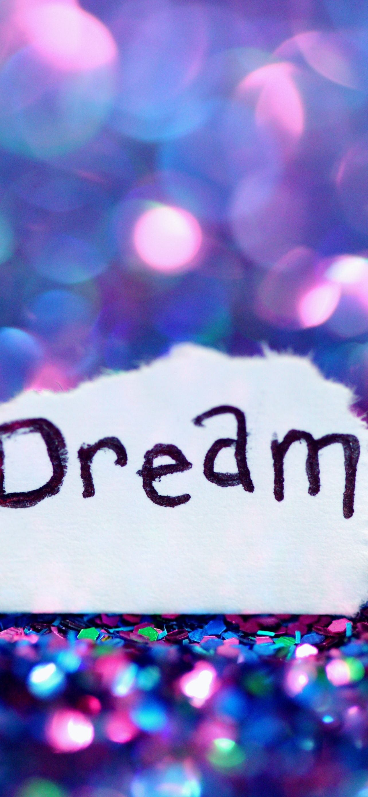 Dream, Schriftzug, Bokeh, Glitzer, Blau und Pink, Hintergrundbild für iPhone und Android