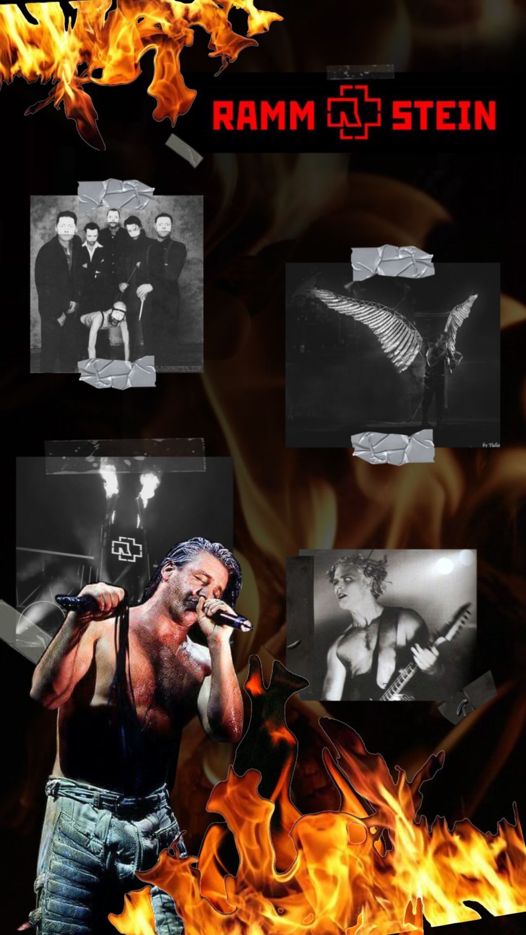 Rammstein, Till Lindemann, Flammen, Collage, Rammstein-Logo, 1080x1920, Handy-Hintergrund