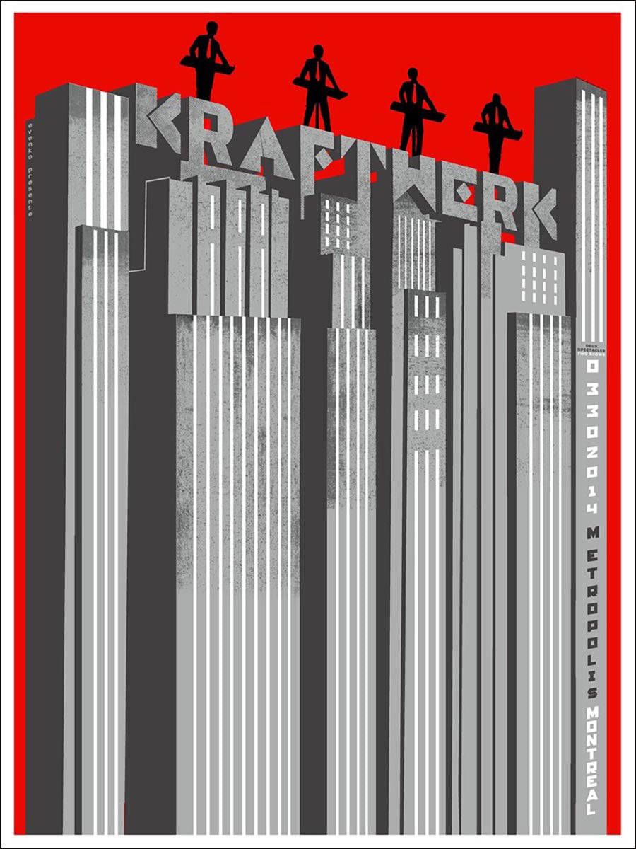 Kraftwerk, Wolkenkratzer, Art déco, Plakat, Rot und Grau, HD, iPad-Hintergrundbild
