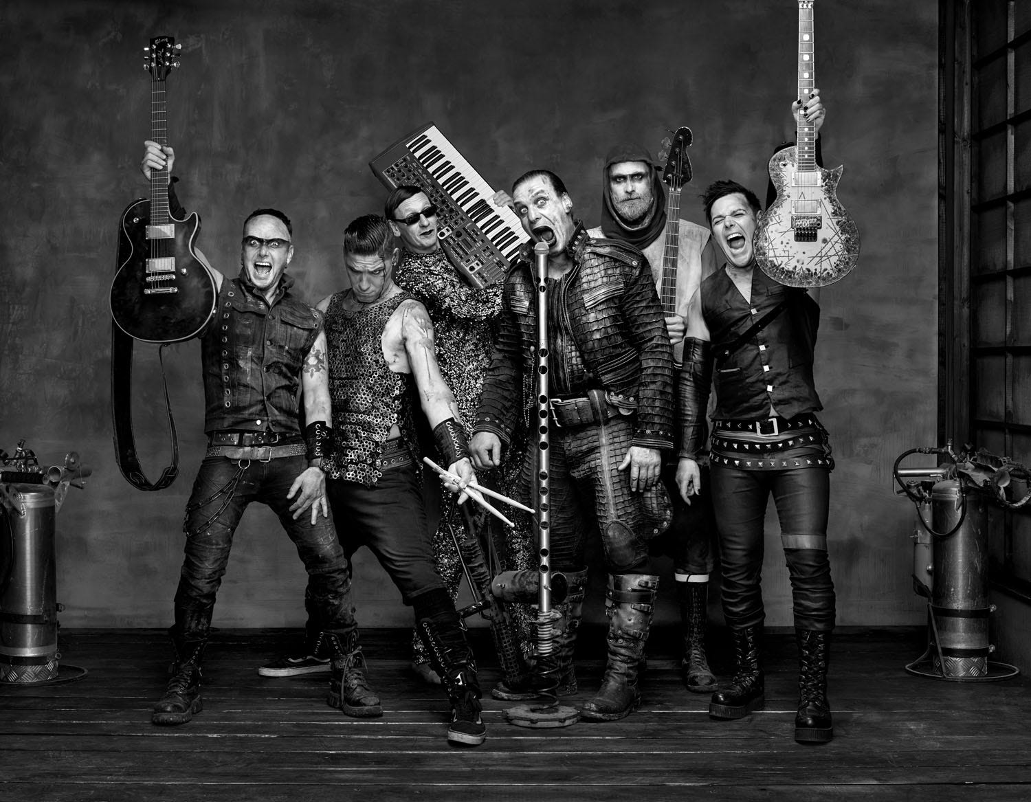 Rammstein, Bandfoto, Instrumente, Schwarzweiß, Gitarren, HD, Laptop-Hintergrundbild
