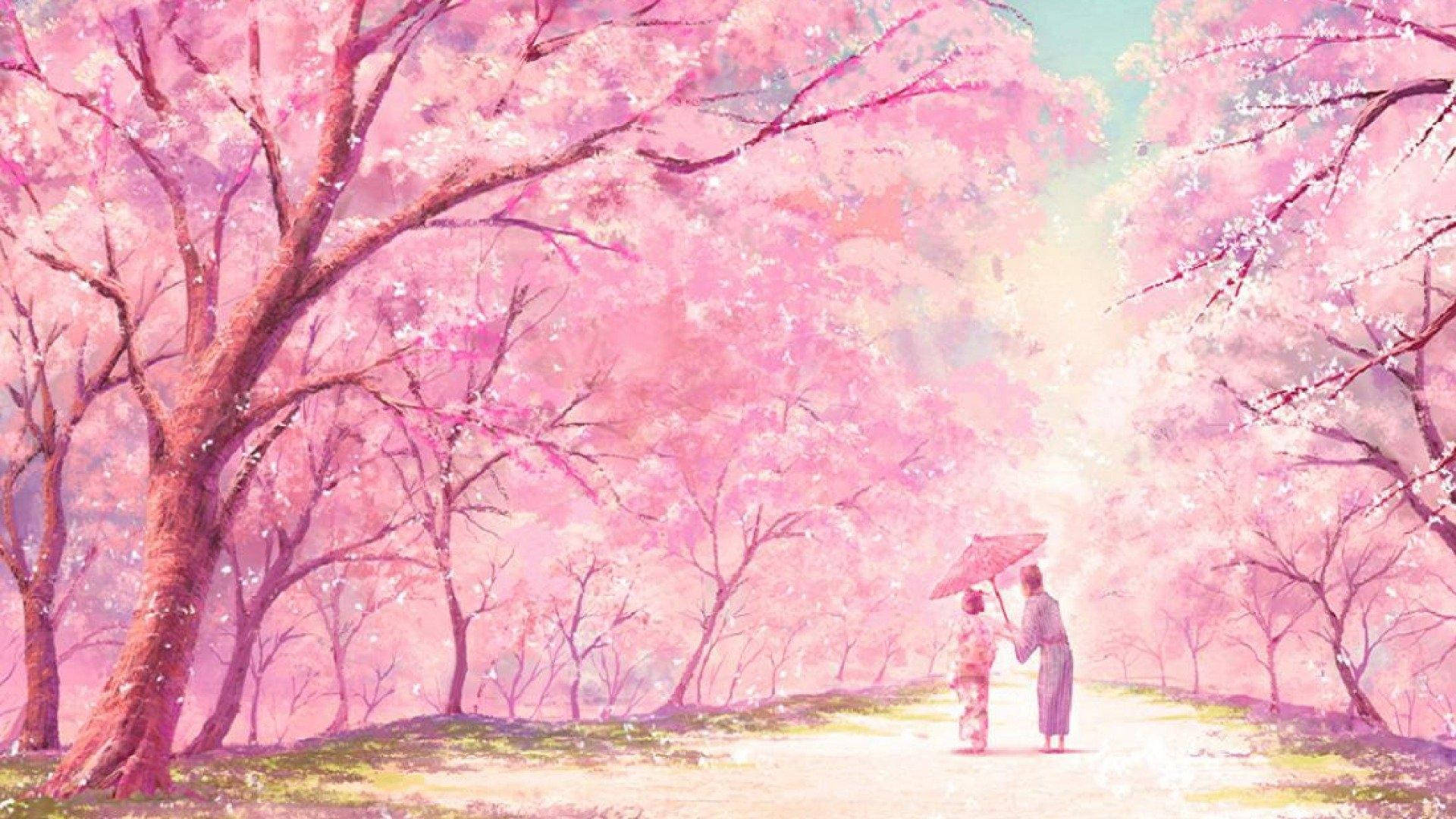 Kirschblüte, Sakura, Anime-Stil, Kimono, Allee, Rosa, 16:9, Full-HD-Hintergrundbild für den Desktop