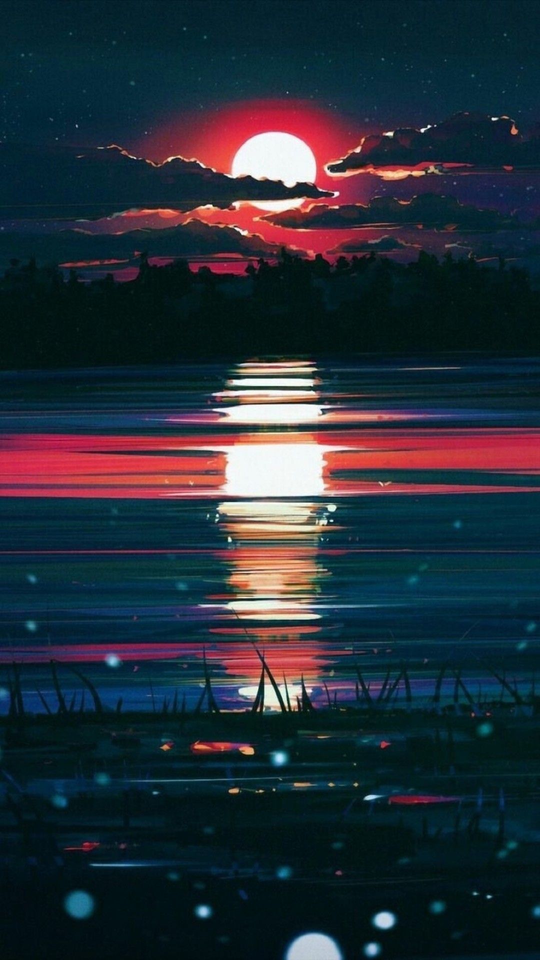 Mond, Roter Mond, Spiegelung, Nacht, Digitale Kunst, Hintergrundbild für iPhone und Android