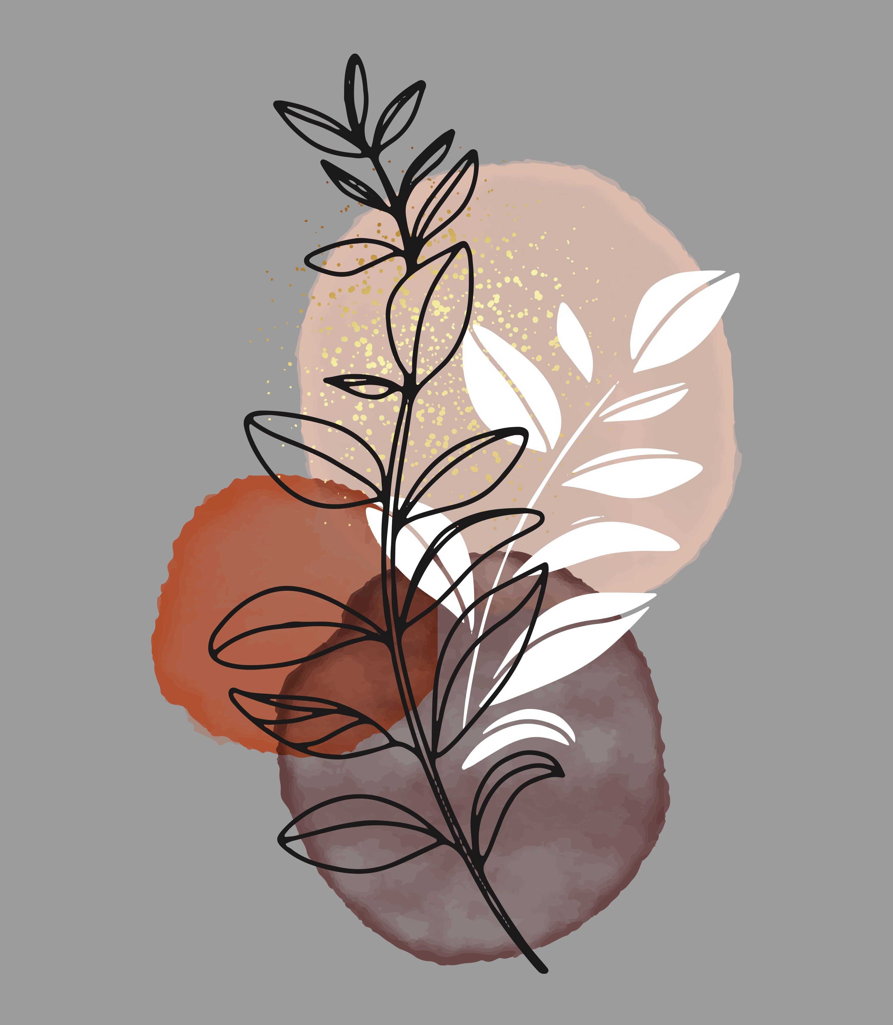 Line Art, Blätter, Aquarell, Boho, Abstrakt, Grauer Hintergrund, 2K Wallpaper