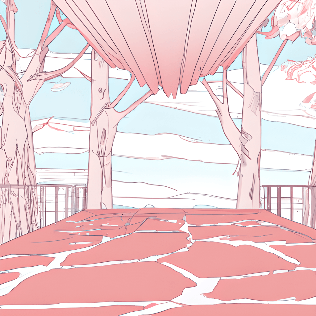 Anime, Kirschbäume, Lineart, Pastellrosa, Pavillon, Hintergrundbild für iPad und Tablet