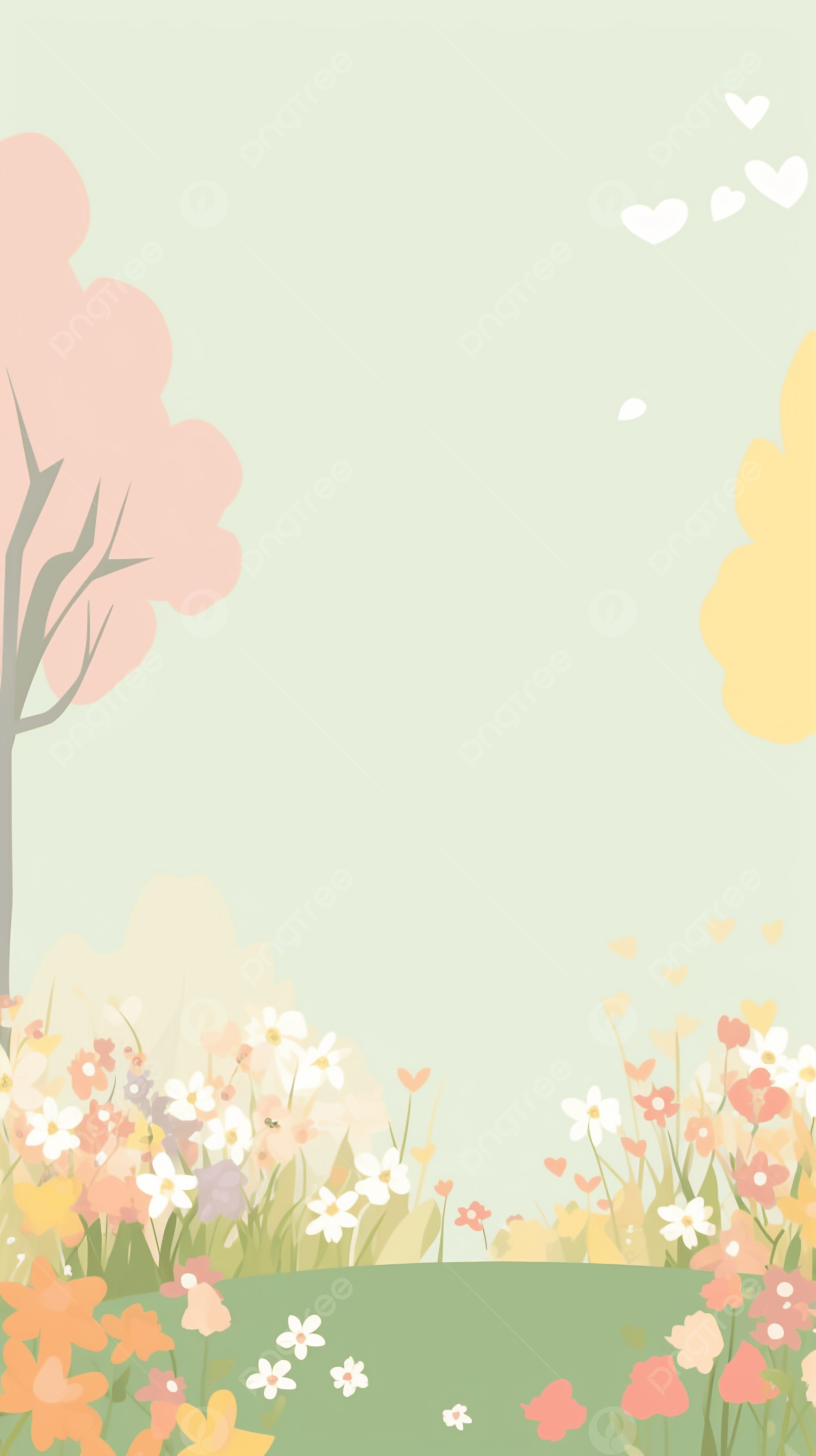 Illustration, Bäume, Blumen, Pastellfarben, Frühling, Full HD, Hintergrundbild fürs Handy