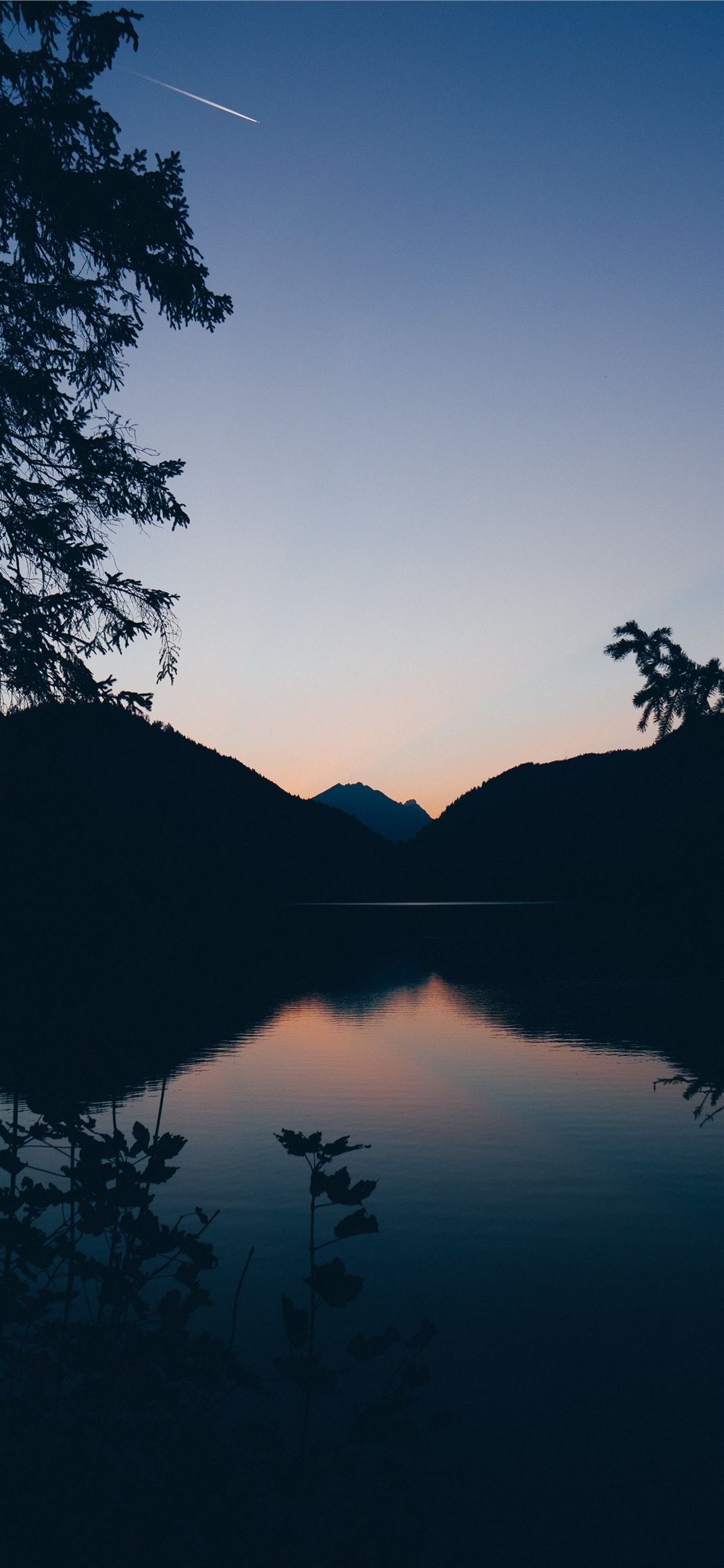 See, Silhouette, Bäume, Dämmerung, Dunkelblau, Hochformat, Hintergrundbild fürs Smartphone