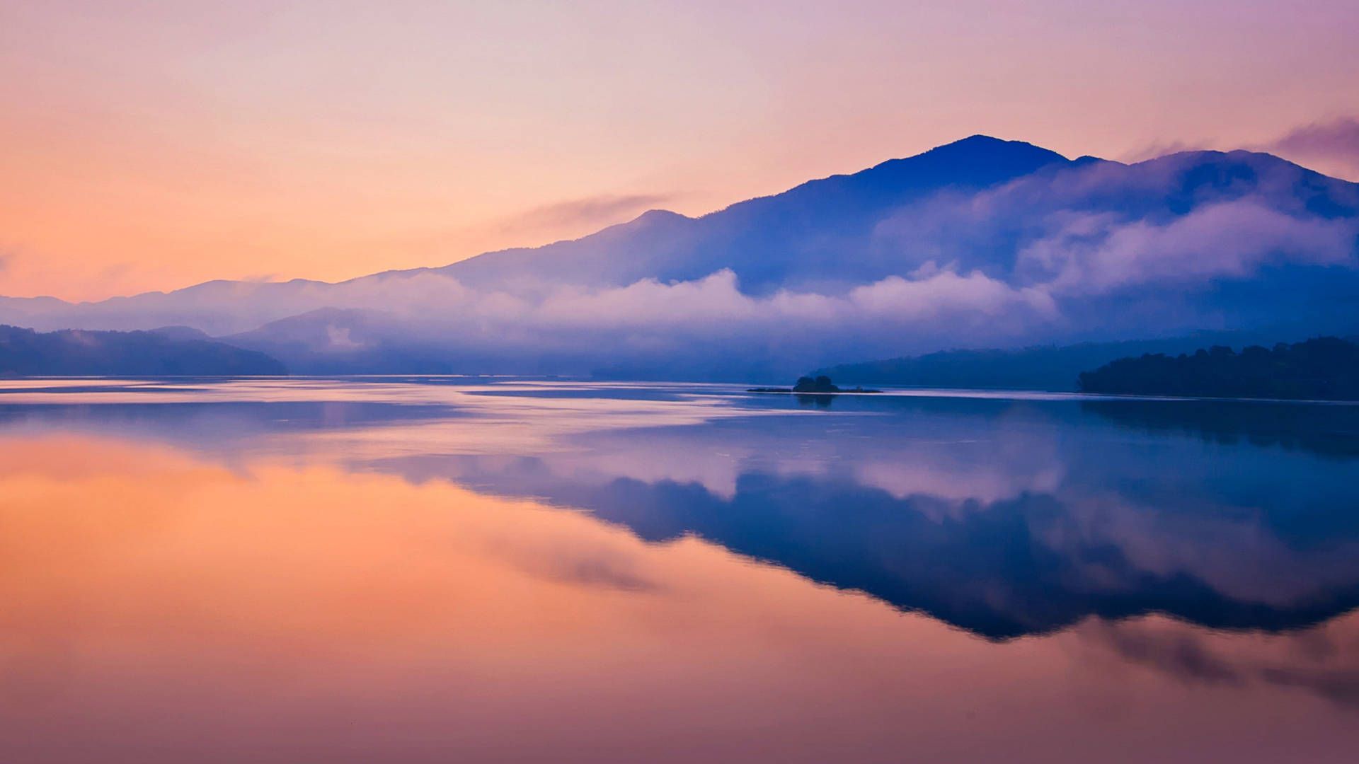 See, Berge, Spiegelung, Nebel, Morgenrot, Full HD 1080p, Desktop-Hintergrundbild