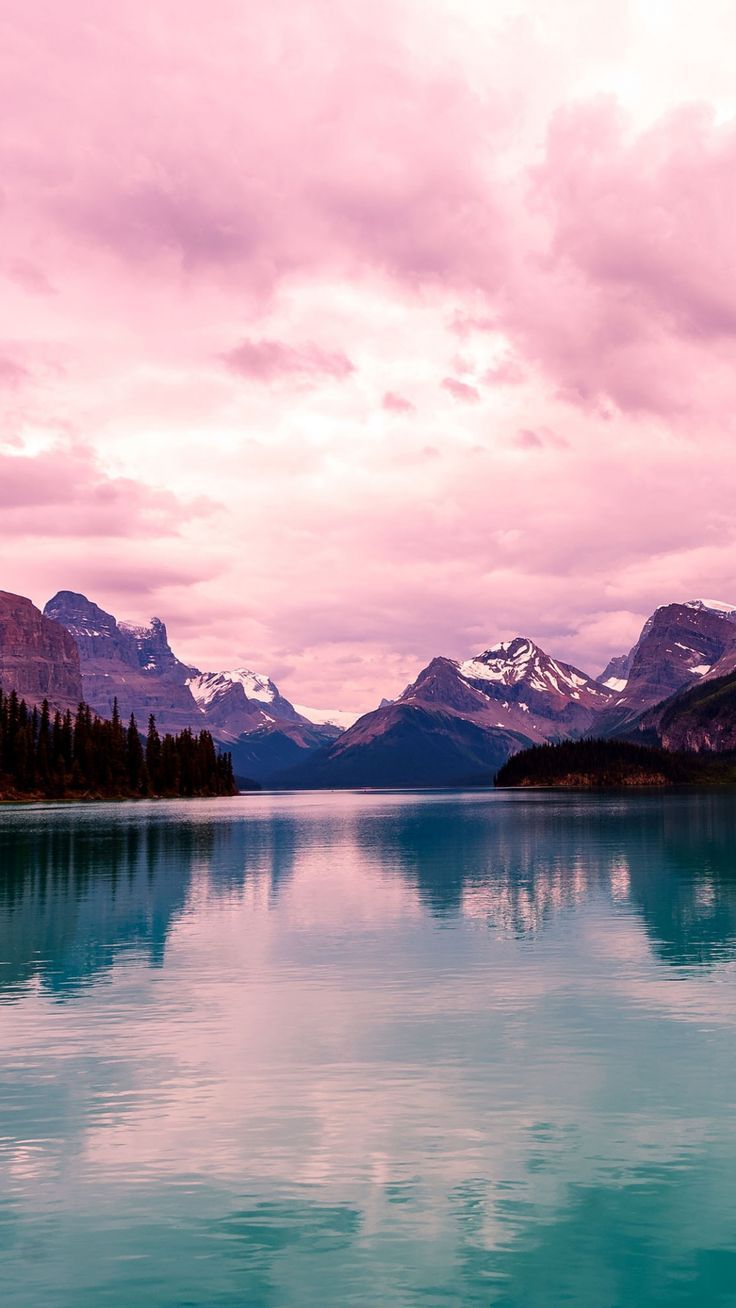 Bergsee, Rosa Himmel, Spiegelung, Türkis, Hintergrundbild für iPhone und Android
