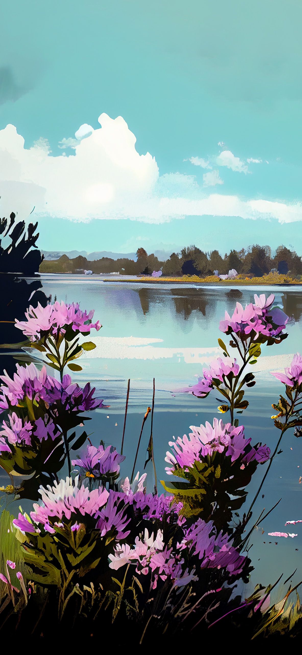 See, Lila Blumen, Illustration, Wolken, Sommer, Full HD, Handy-Hintergrund im Hochformat