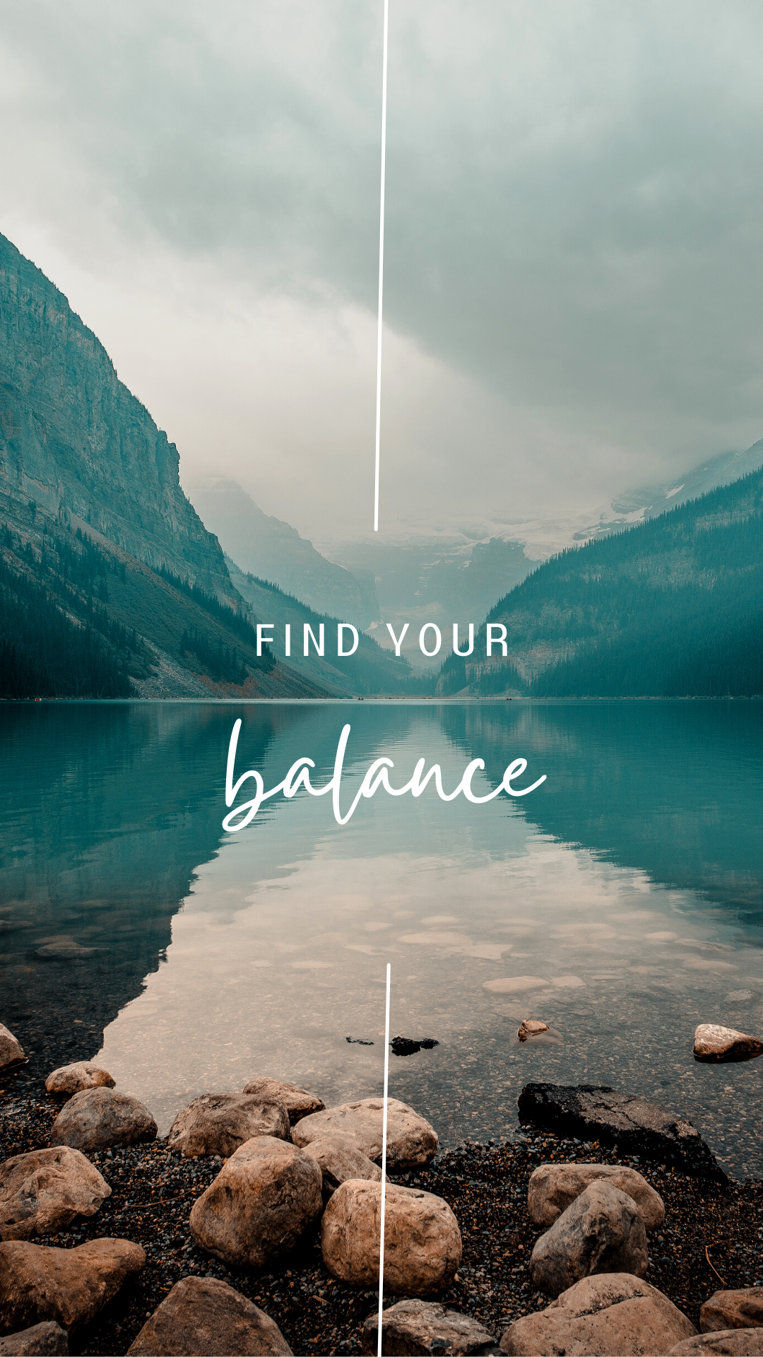 Find your balance, Bergsee, Steine, Zitat, Typografie, Full HD, Sperrbildschirm fürs iPhone