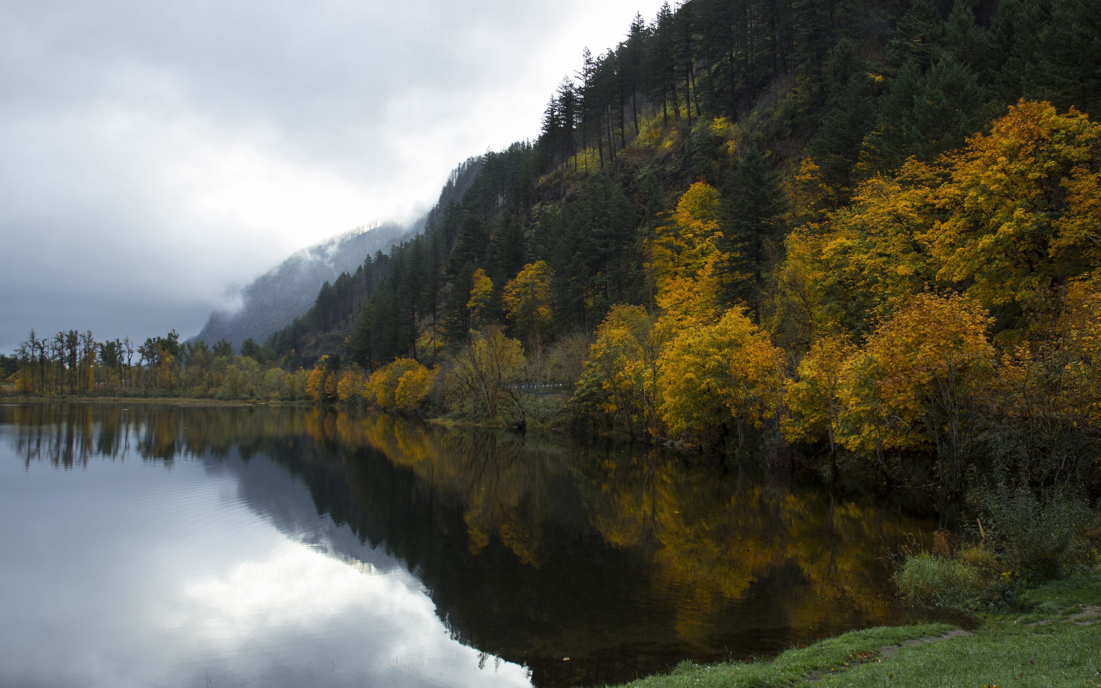 See, Herbstwald, Spiegelung, Bewölkt, Berghang, 4K, Hintergrundbild für den PC