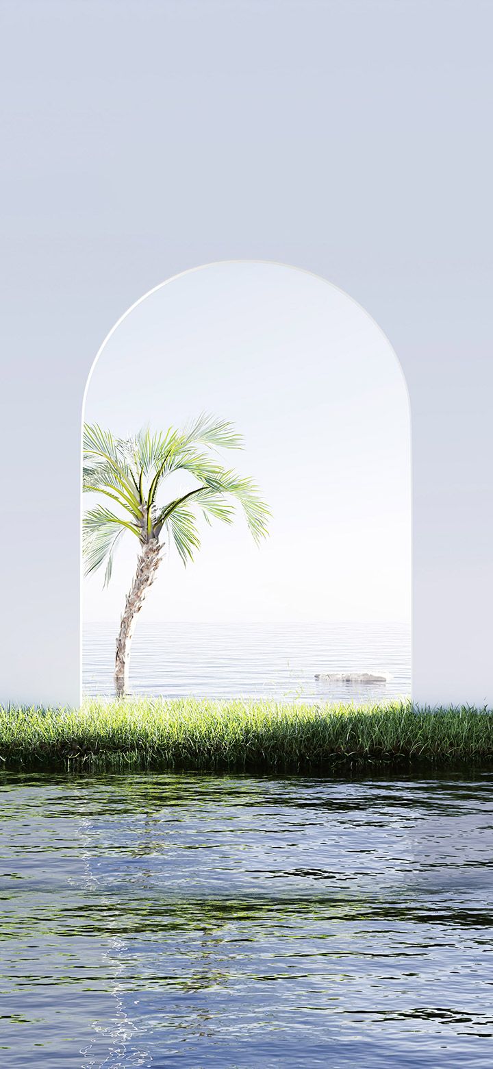 Palme, Torbogen, Wasser, Minimalistisch, Surreal, Hintergrundbild für iPhone und Android