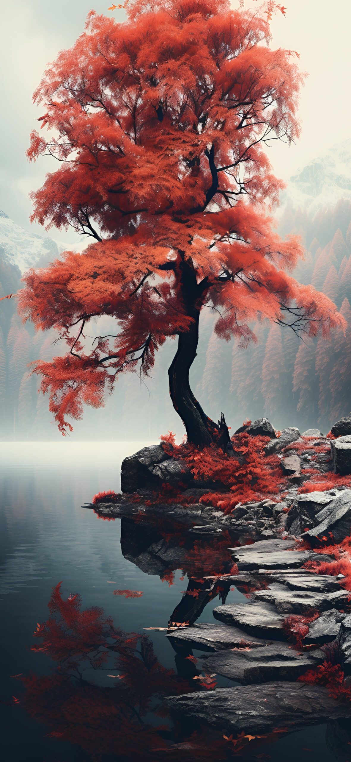 Roter Baum, Insel, Spiegelung, Nebel, Digitale Kunst, Full HD, Hintergrundbild fürs Handy