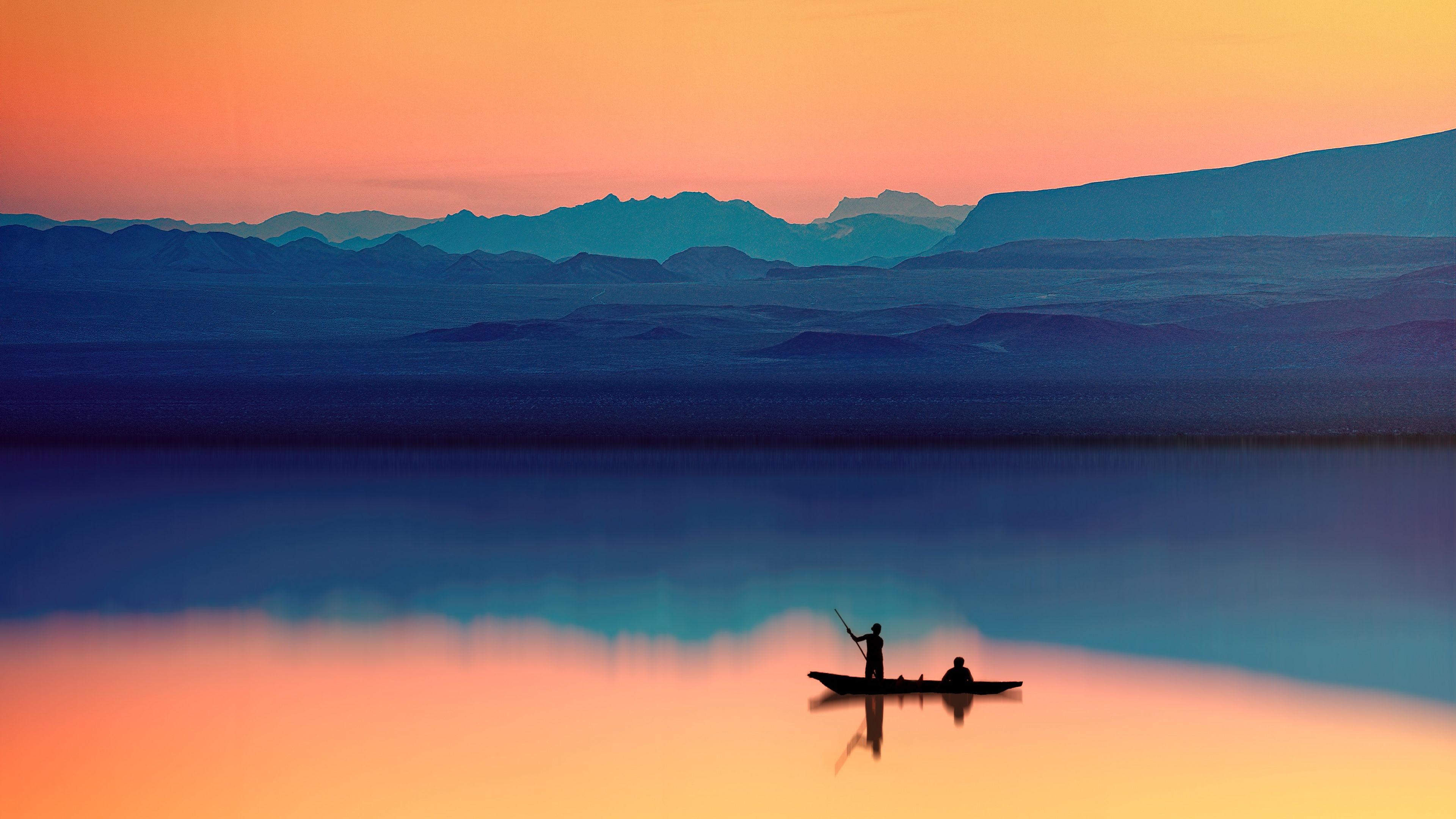 Boot, Angler, Sonnenuntergang, Spiegelung, Silhouette, 4K, Hintergrund für den Desktop